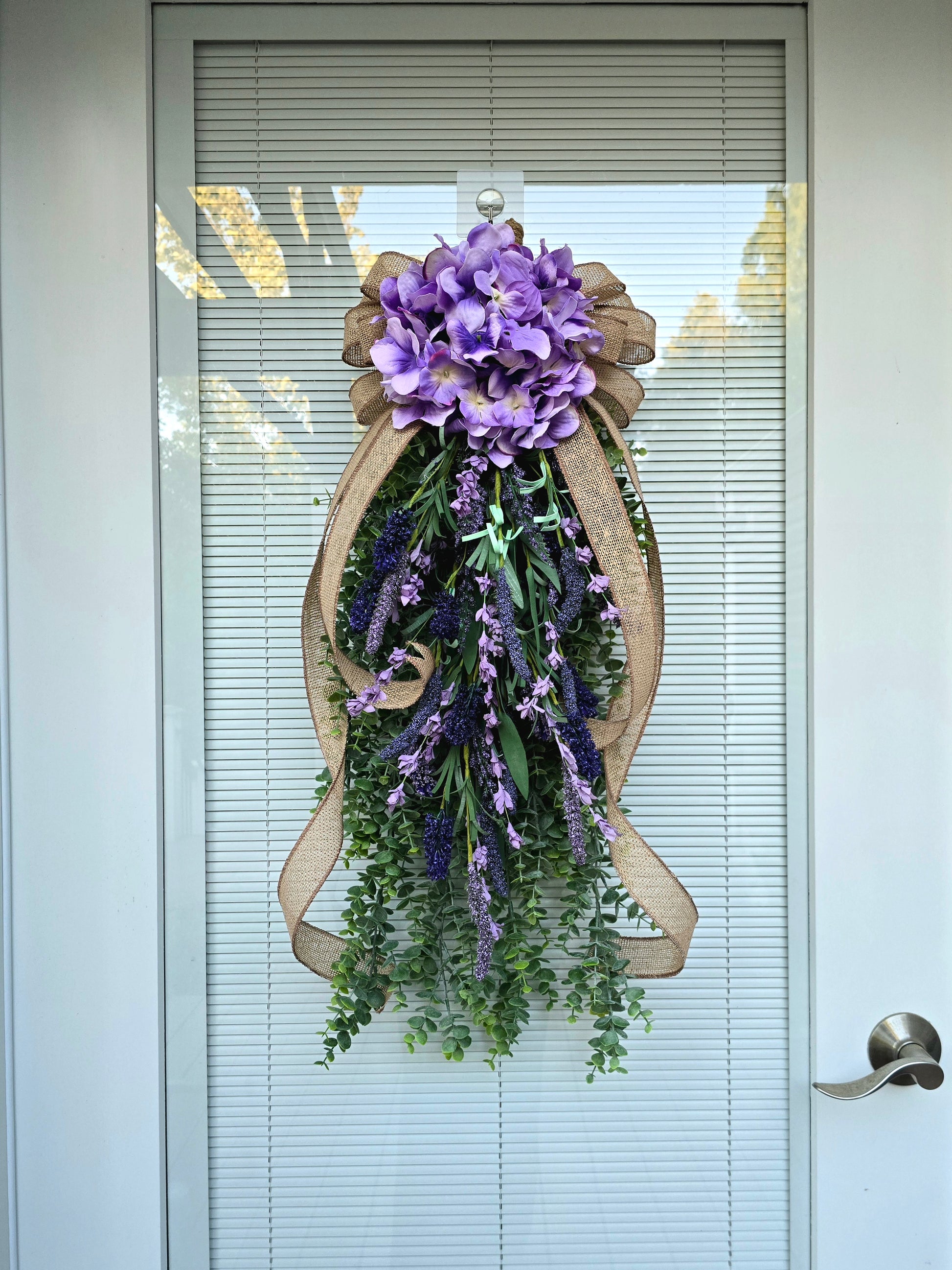 Handcrafted Rustic Eucalyptus Hydrangea Lavender Teardrop Wreath Swag
