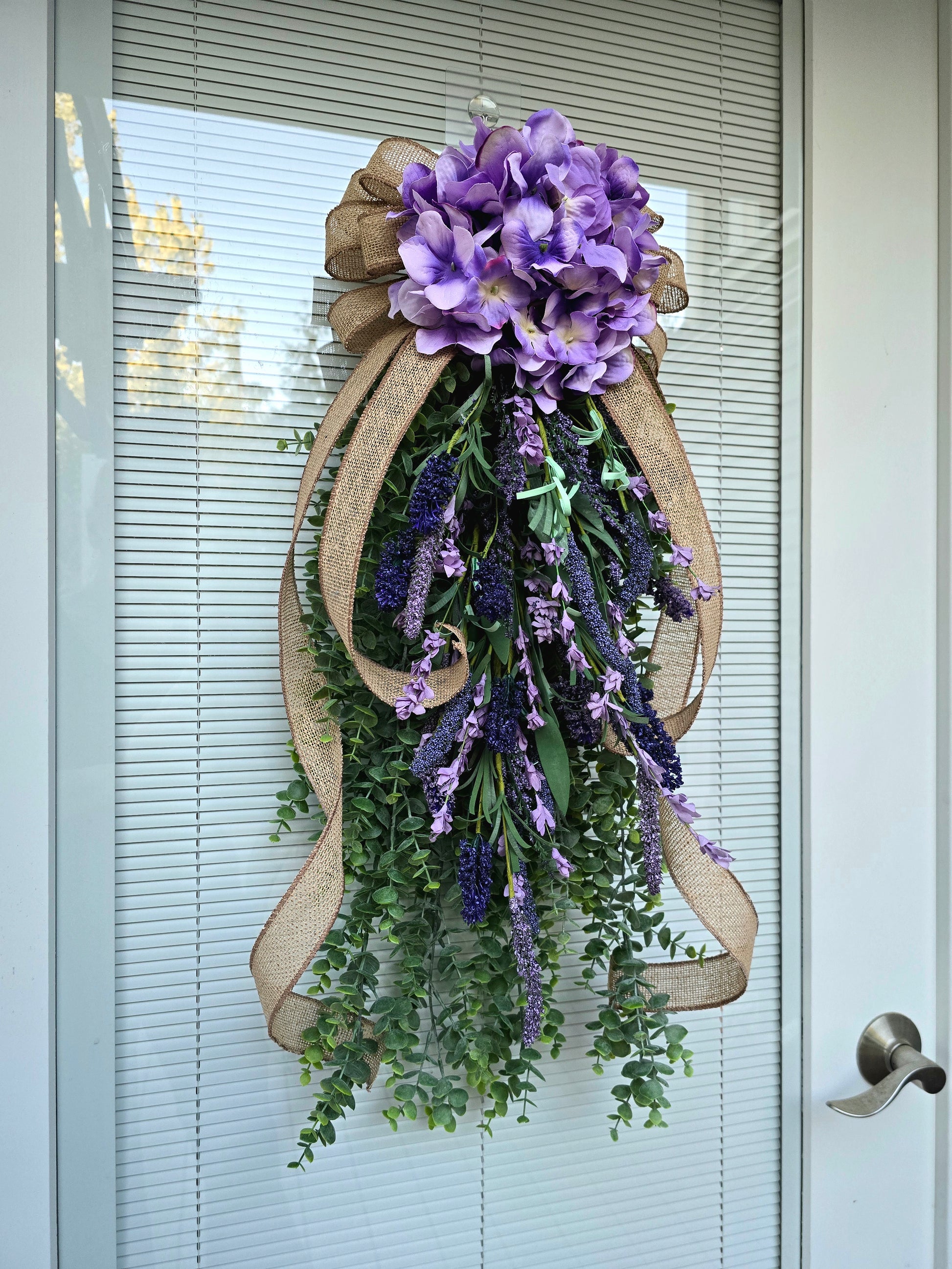 Handcrafted Rustic Eucalyptus Hydrangea Lavender Teardrop Wreath Swag