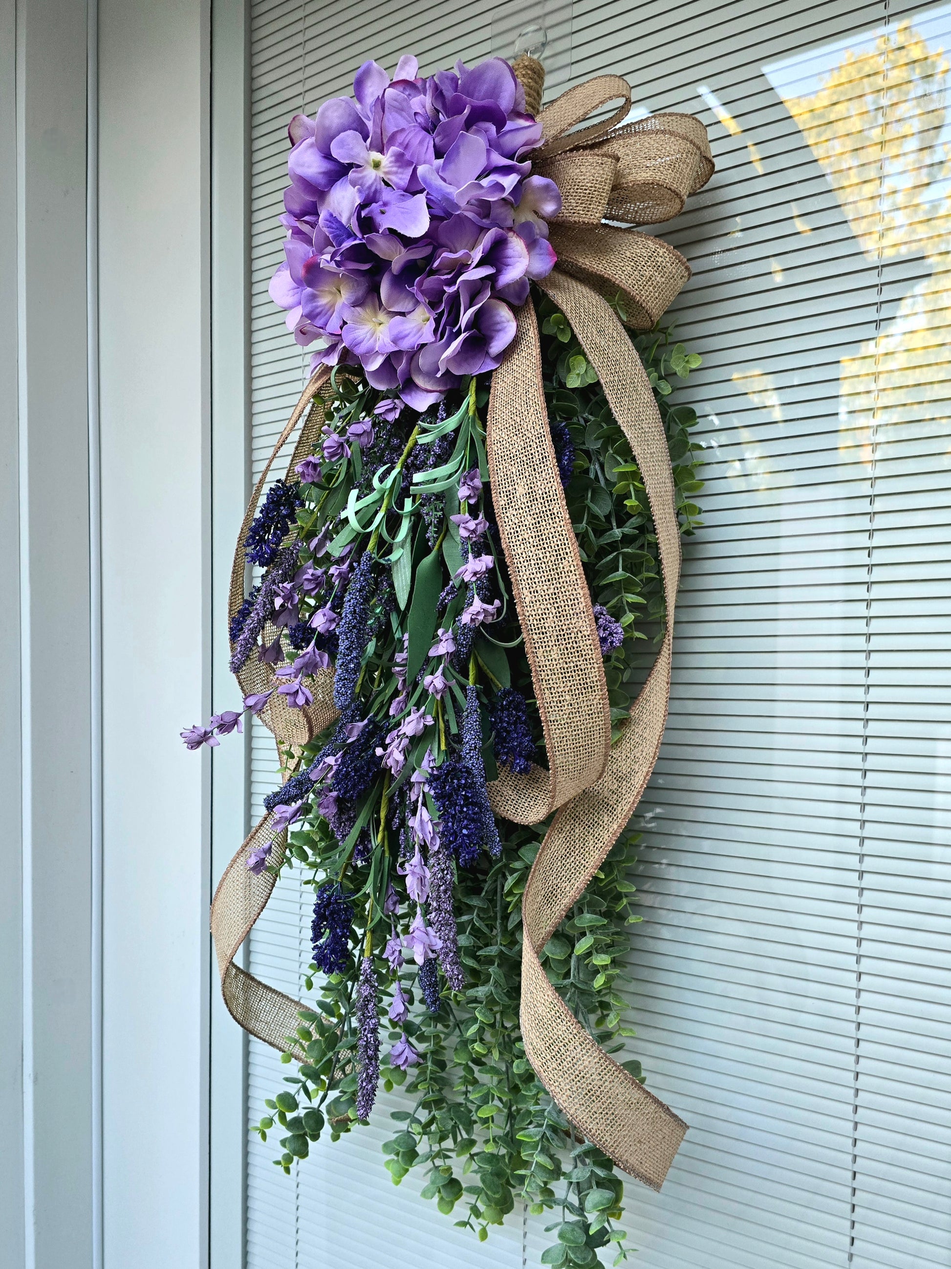 Handcrafted Rustic Eucalyptus Hydrangea Lavender Teardrop Wreath Swag