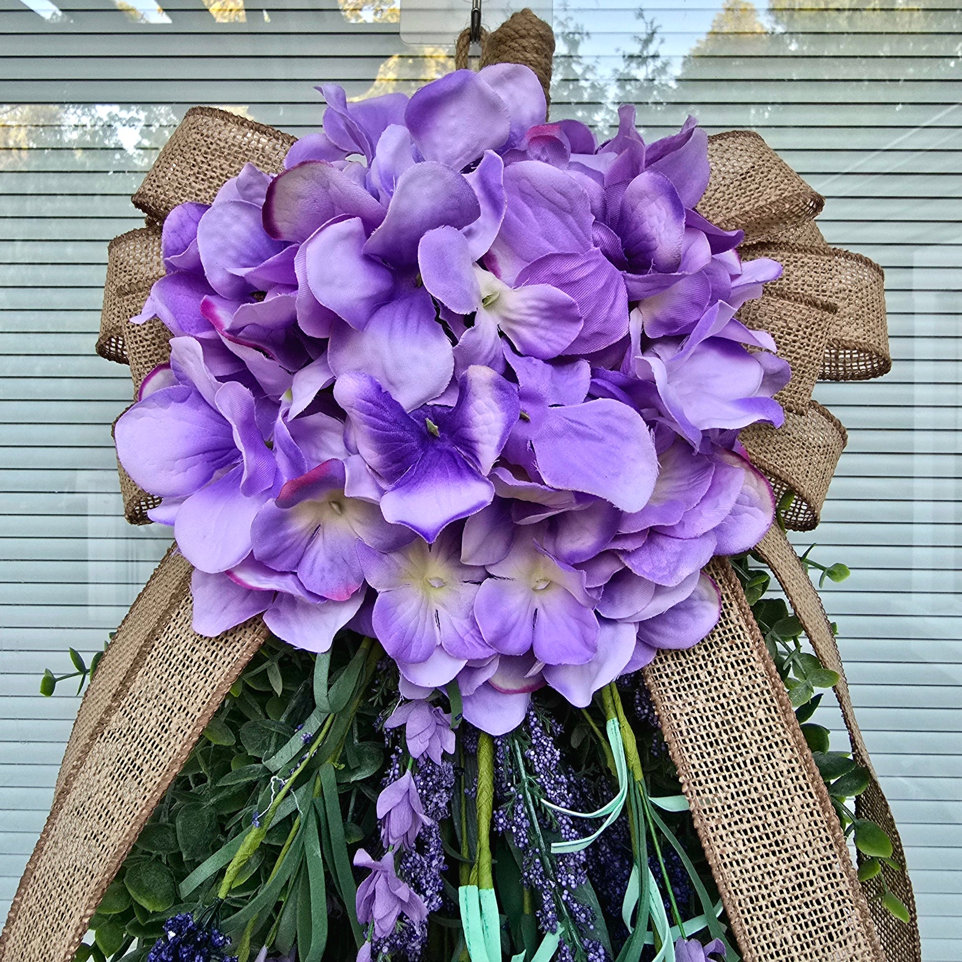 Handcrafted Rustic Eucalyptus Hydrangea Lavender Teardrop Wreath Swag