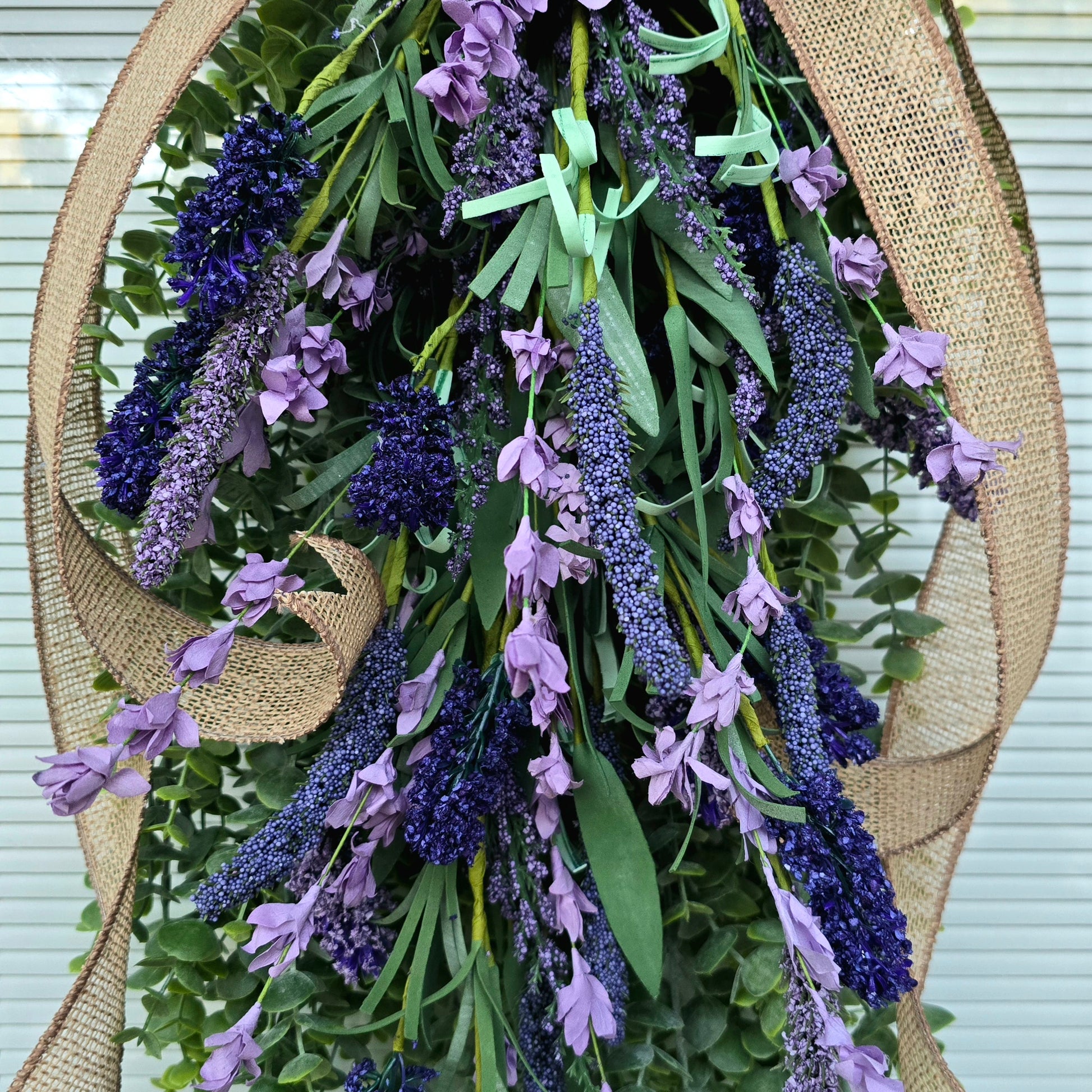 Handcrafted Rustic Eucalyptus Hydrangea Lavender Teardrop Wreath Swag
