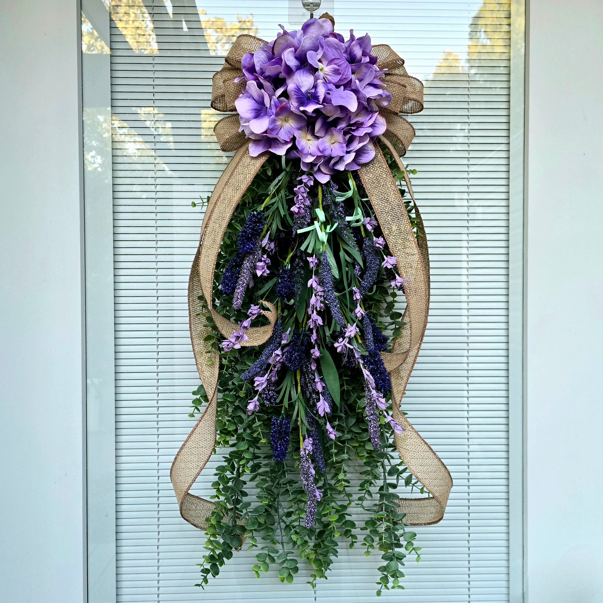 Handcrafted Rustic Eucalyptus Hydrangea Lavender Teardrop Wreath Swag
