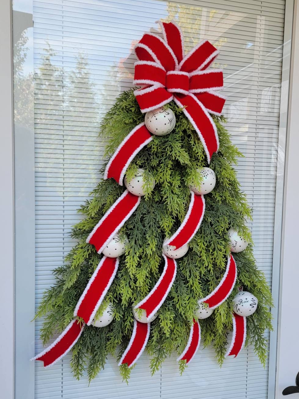 Outdoor Christmas Wreath For Front Door, Double Doors & Porch Decor, Large Outside Xmas Holiday Evergreen Real Touch Cedar Tree Bells Swag