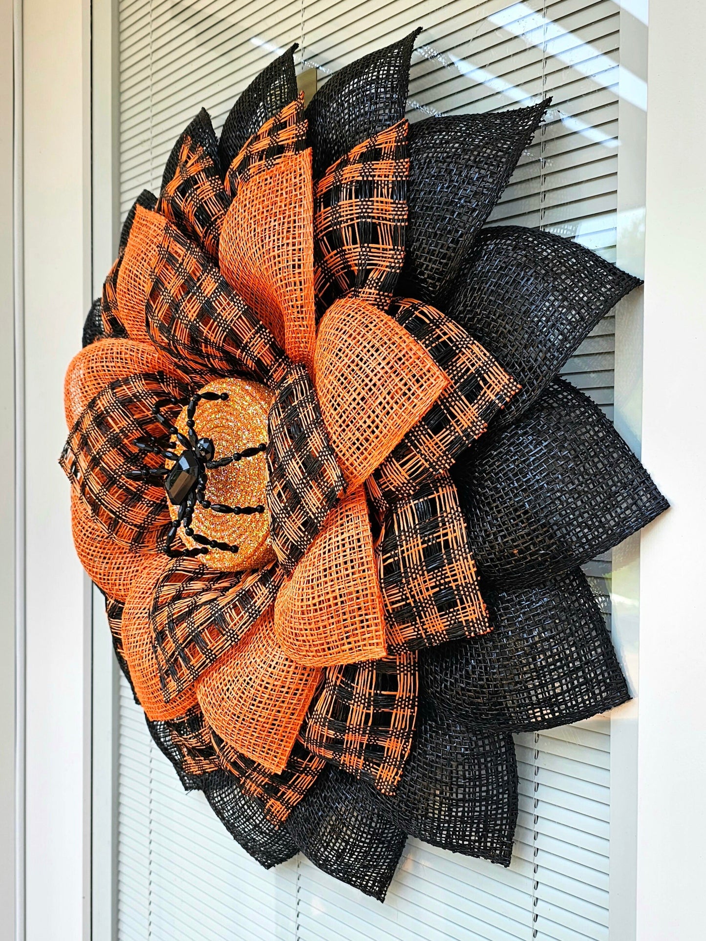 Halloween Sunflower Spider Wreath For Front Door, Double Door, Outdoor Spooky Decoration, Fall Porch Decor, Orange Black Flower, Home Gift