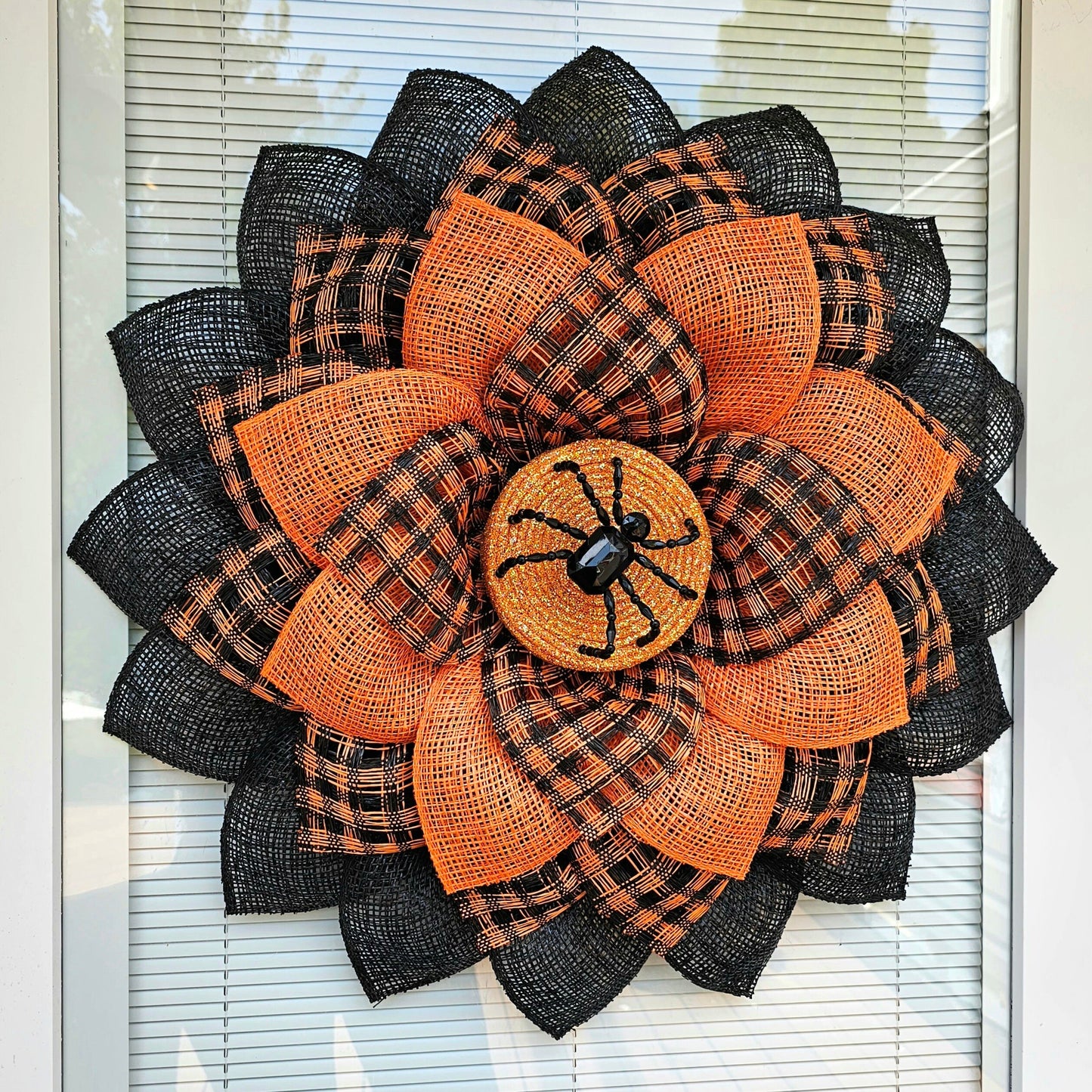 Halloween Sunflower Spider Wreath For Front Door, Double Door, Outdoor Spooky Decoration, Fall Porch Decor, Orange Black Flower, Home Gift