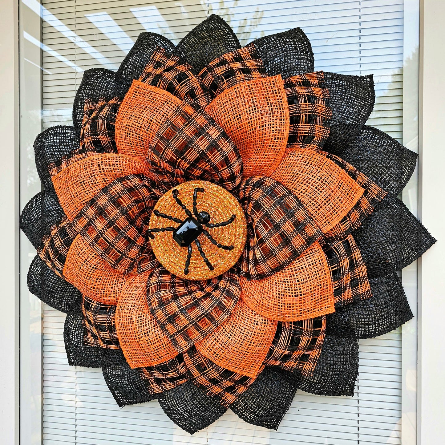 Halloween Sunflower Spider Wreath For Front Door, Double Door, Outdoor Spooky Decoration, Fall Porch Decor, Orange Black Flower, Home Gift