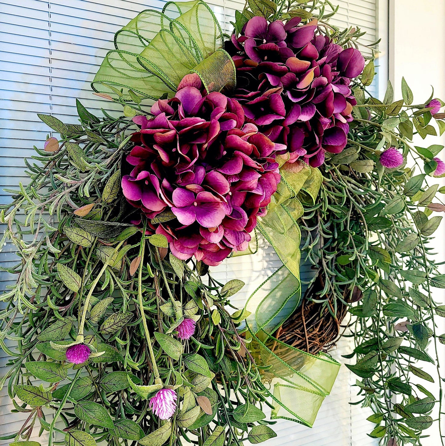 Spring Summer Fall Front Door Wreath, Double Door Decor, Purple Mauve Plum Hydrangea Swag, Outdoor Porch Decoration, Unique Floral Home Gift