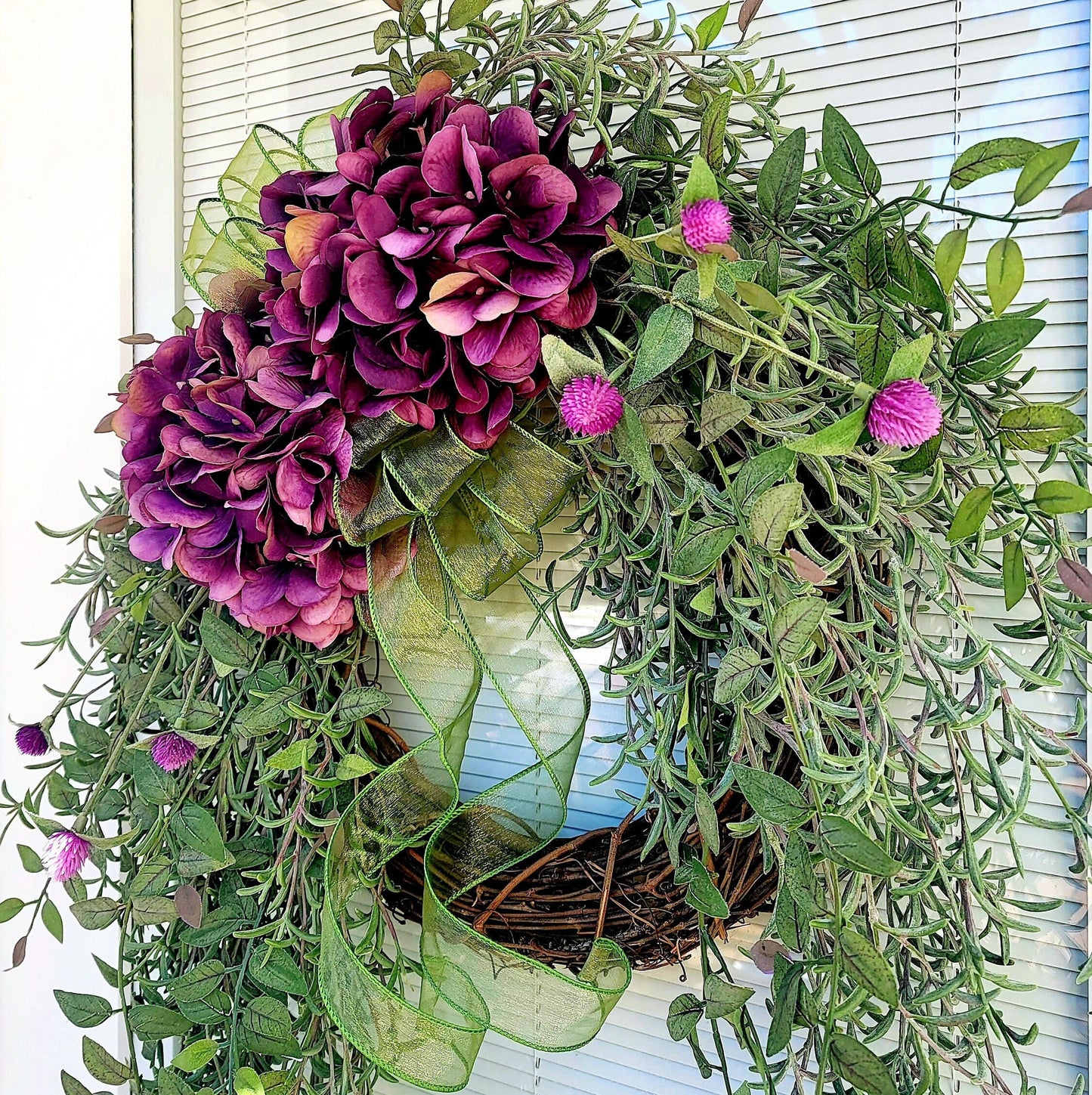 Spring Summer Fall Front Door Wreath, Double Door Decor, Purple Mauve Plum Hydrangea Swag, Outdoor Porch Decoration, Unique Floral Home Gift