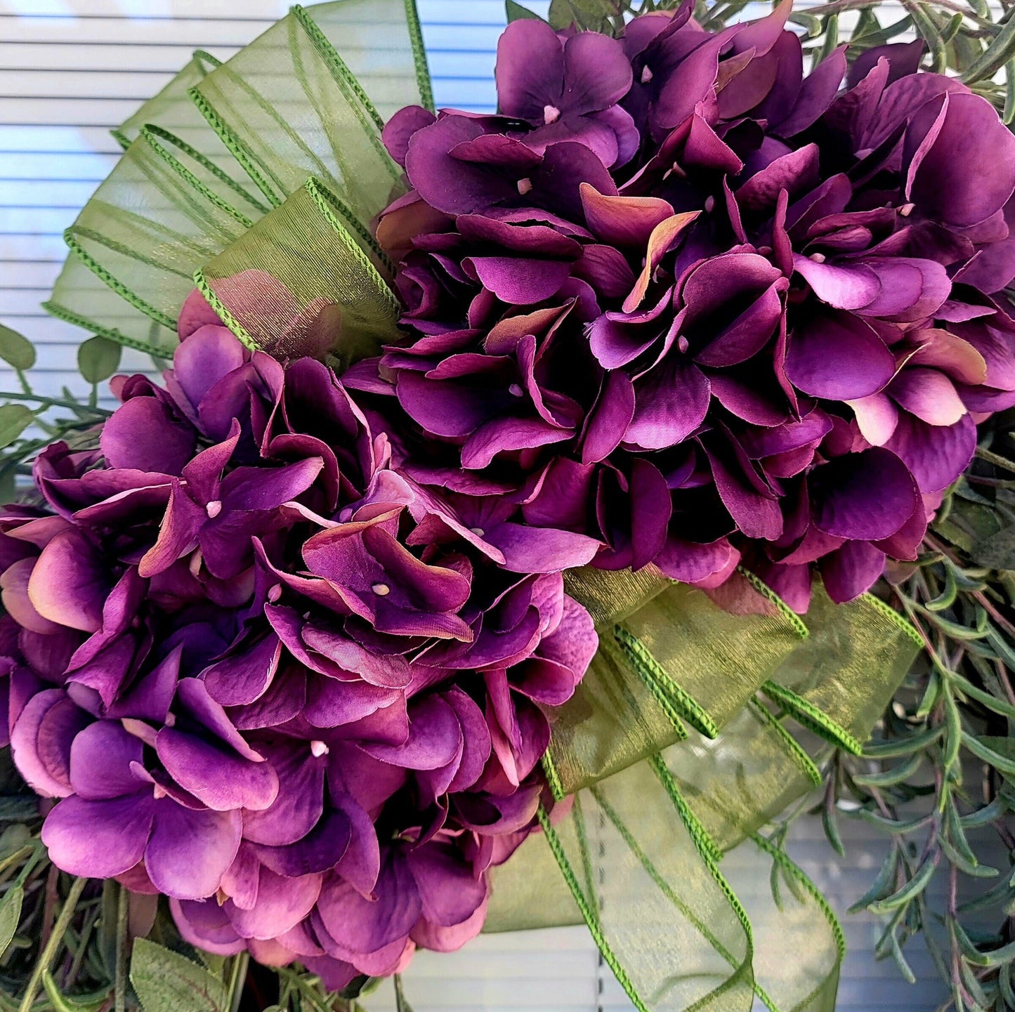 Spring Summer Fall Front Door Wreath, Double Door Decor, Purple Mauve Plum Hydrangea Swag, Outdoor Porch Decoration, Unique Floral Home Gift