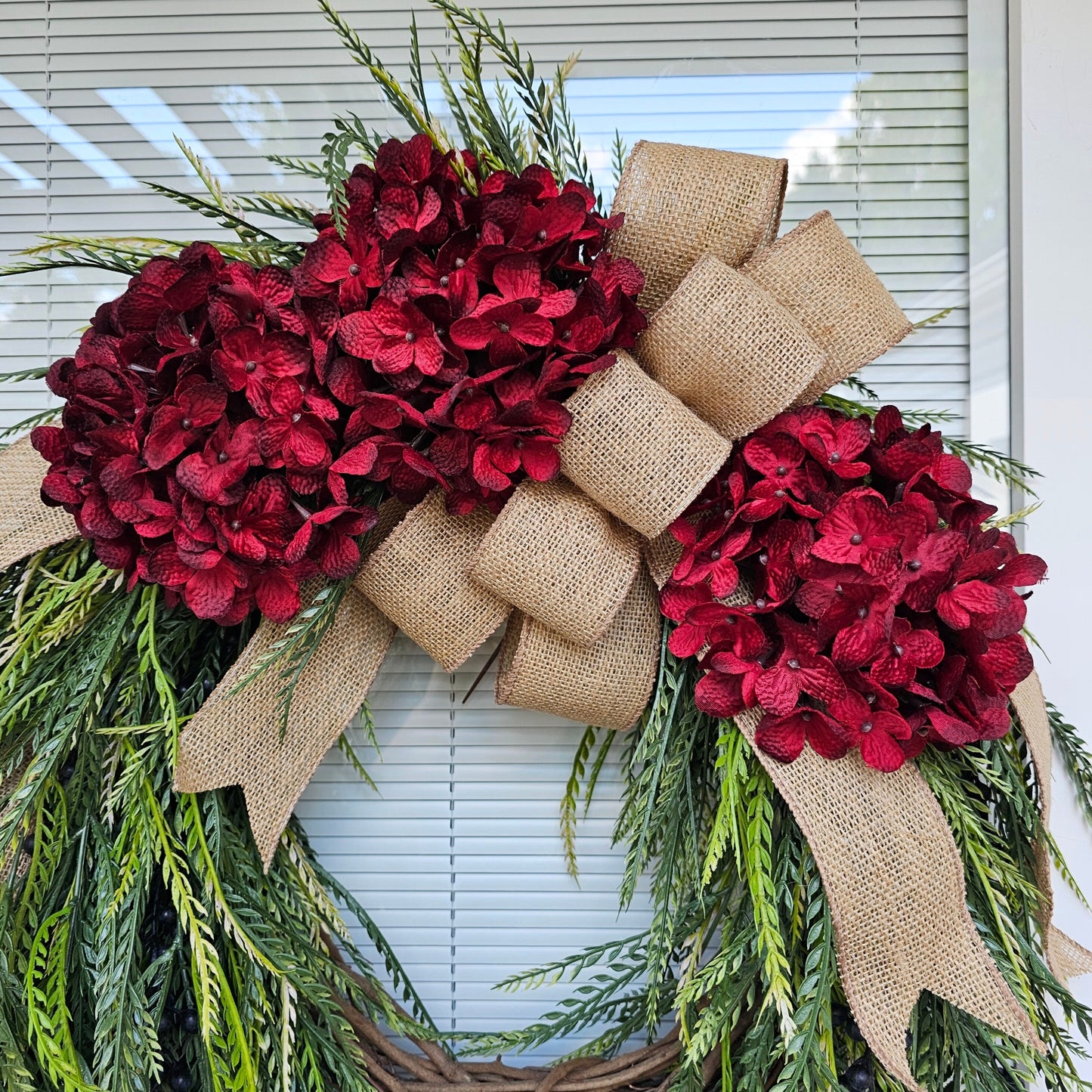 Outdoor Red Hydrangea Wreath For Front Door, Double Door, Grapevine Porch Decor, Farmhouse Year Round Floral Decoration, Hostess Home Gift