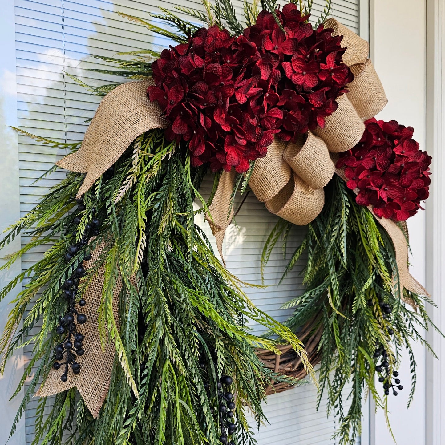 Outdoor Red Hydrangea Wreath For Front Door, Double Door, Grapevine Porch Decor, Farmhouse Year Round Floral Decoration, Hostess Home Gift