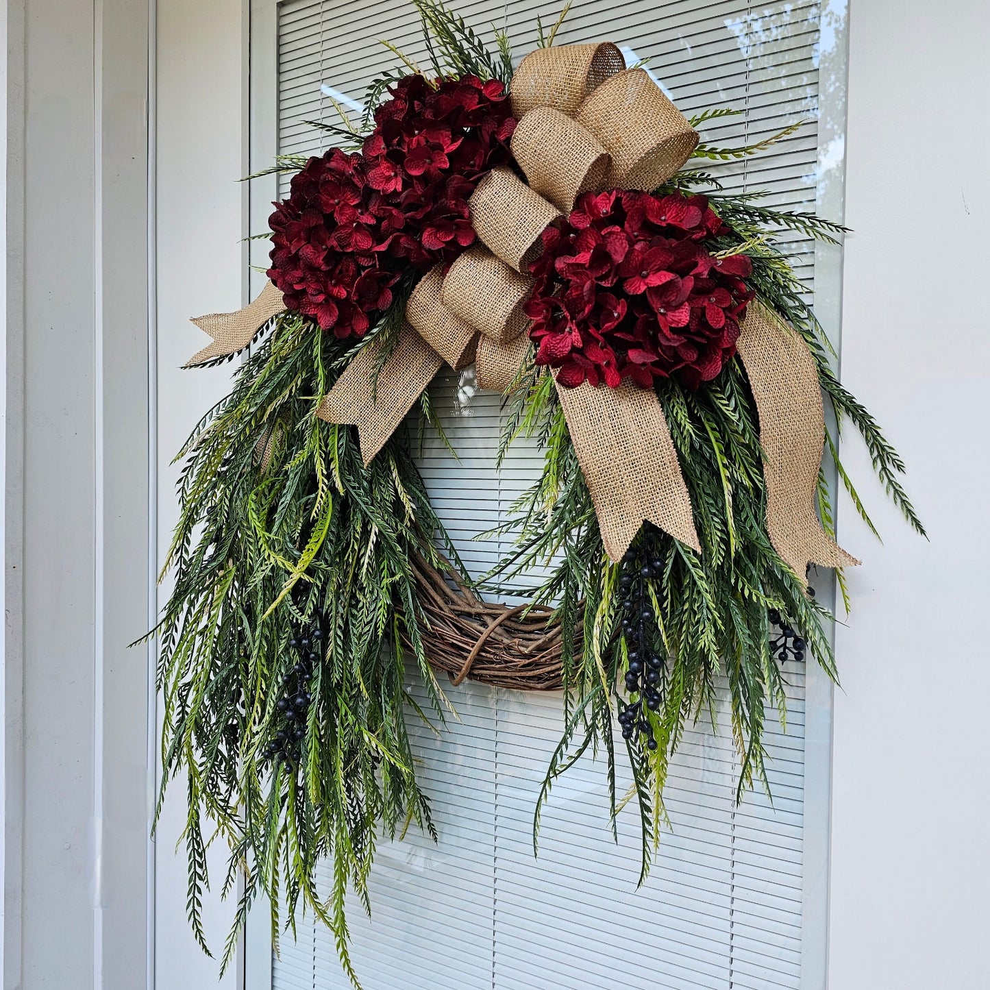 Outdoor Red Hydrangea Wreath For Front Door, Double Door, Grapevine Porch Decor, Farmhouse Year Round Floral Decoration, Hostess Home Gift