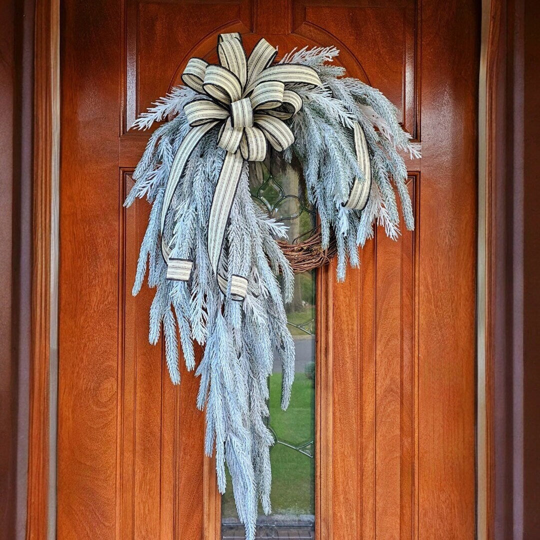 Winter Wreath For Front Door, Christmas Decor, Double Door Wreaths, Holiday Xmas Porch Decor, Seasonal Mantle Decoration, Flocked Home Swag