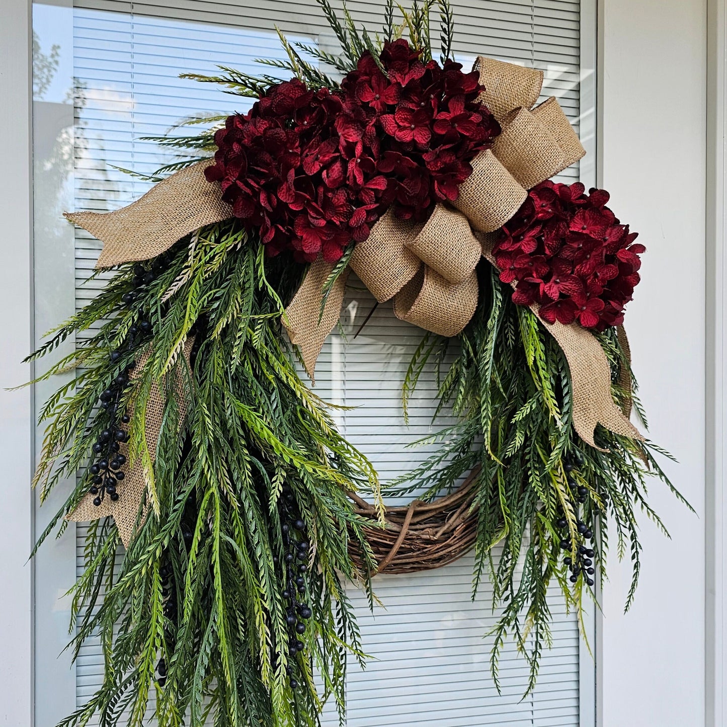 Outdoor Red Hydrangea Wreath For Front Door, Double Door, Grapevine Porch Decor, Farmhouse Year Round Floral Decoration, Hostess Home Gift