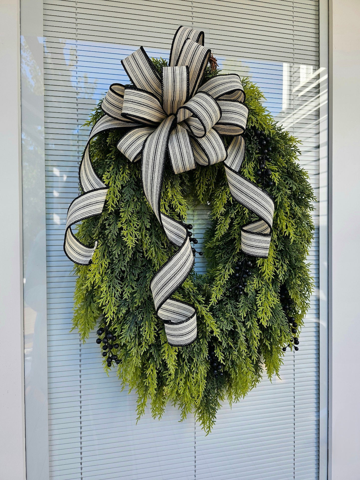 Winter Wreath For Front Door Double Doors Wreaths Indoor Outdoor Seasonal Decor Oval Cedar Greenery With Berry & Bow Home Gift