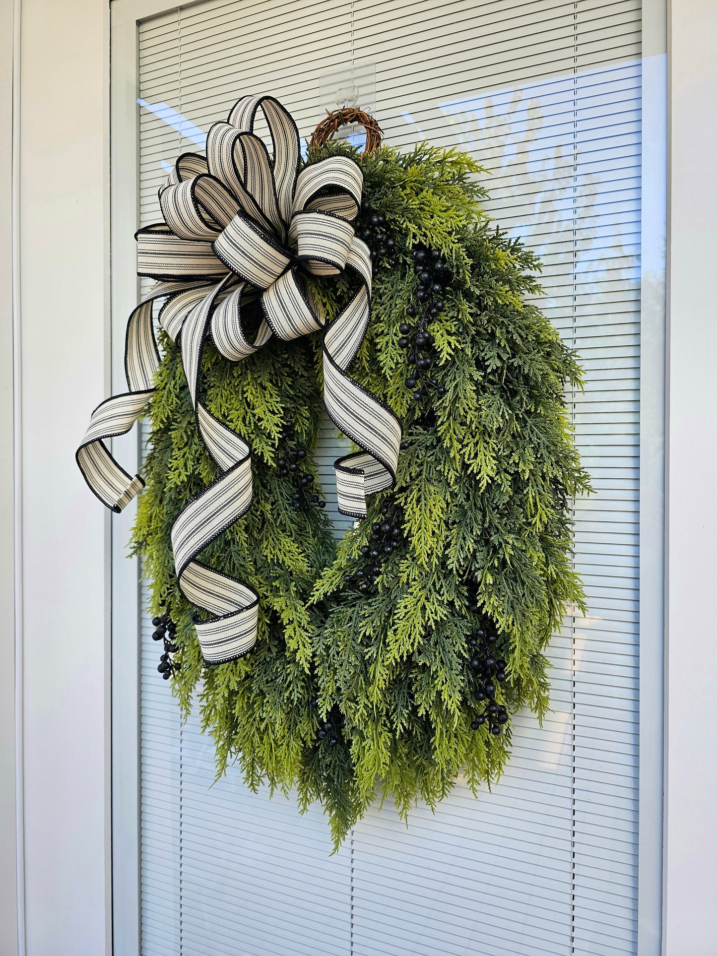 Winter Wreath For Front Door Double Doors Wreaths Indoor Outdoor Seasonal Decor Oval Cedar Greenery With Berry & Bow Home Gift