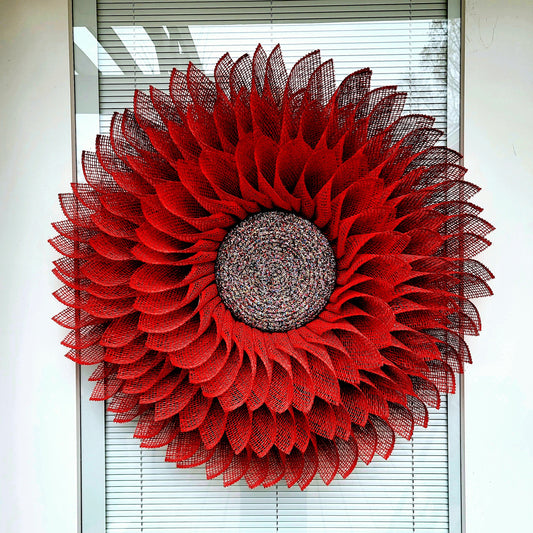 Handmade Red Sunflower Wreath For Front Door, Double Door, Porch Decor, Outdoor Spring Summer Fall Decoration, Large Burlap Flower Home Gift