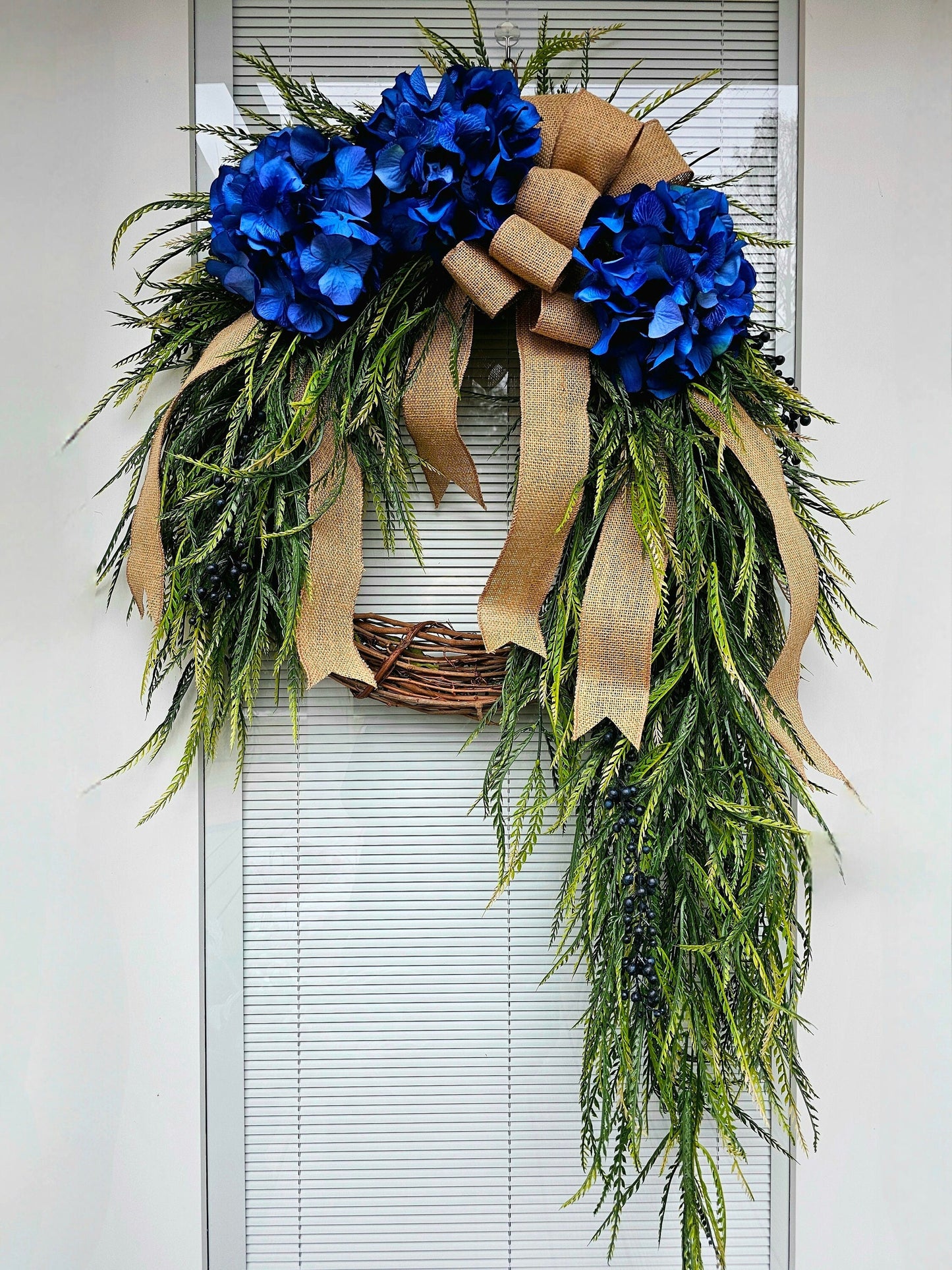 Spring Summer Wreath For Front Door Double Door Wreaths Indoor Outdoor Blue Hydrangea Floral Hanging Greenery Home Decor Housewarming Gifts