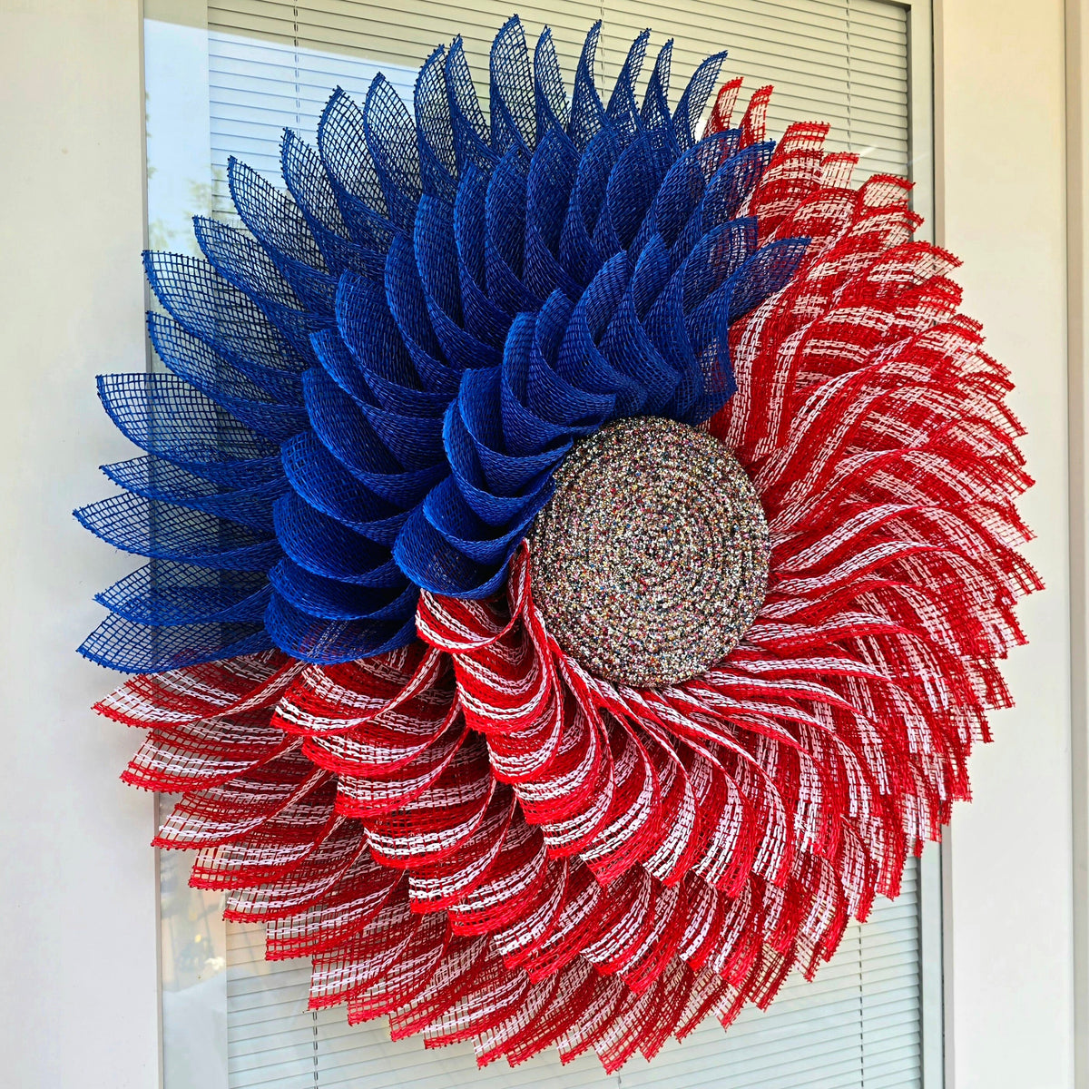 American Flag Wreath For Front & Double Door, Outdoor Flower Porch Decor For Fourth Of July 4th Memorial Day Labor Day USA In Red White Blue