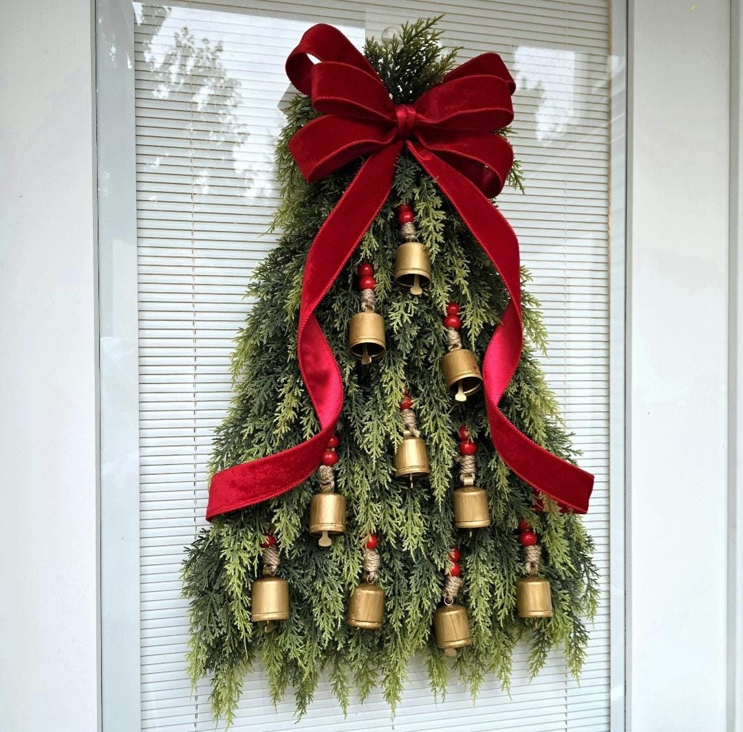 CHRISTMAS TREE WREATH For Front Door Double Door Wreaths Outdoor Winter Decor Large Holiday Cedar Teardrop Swag Gold Bells Xmas Home Gift