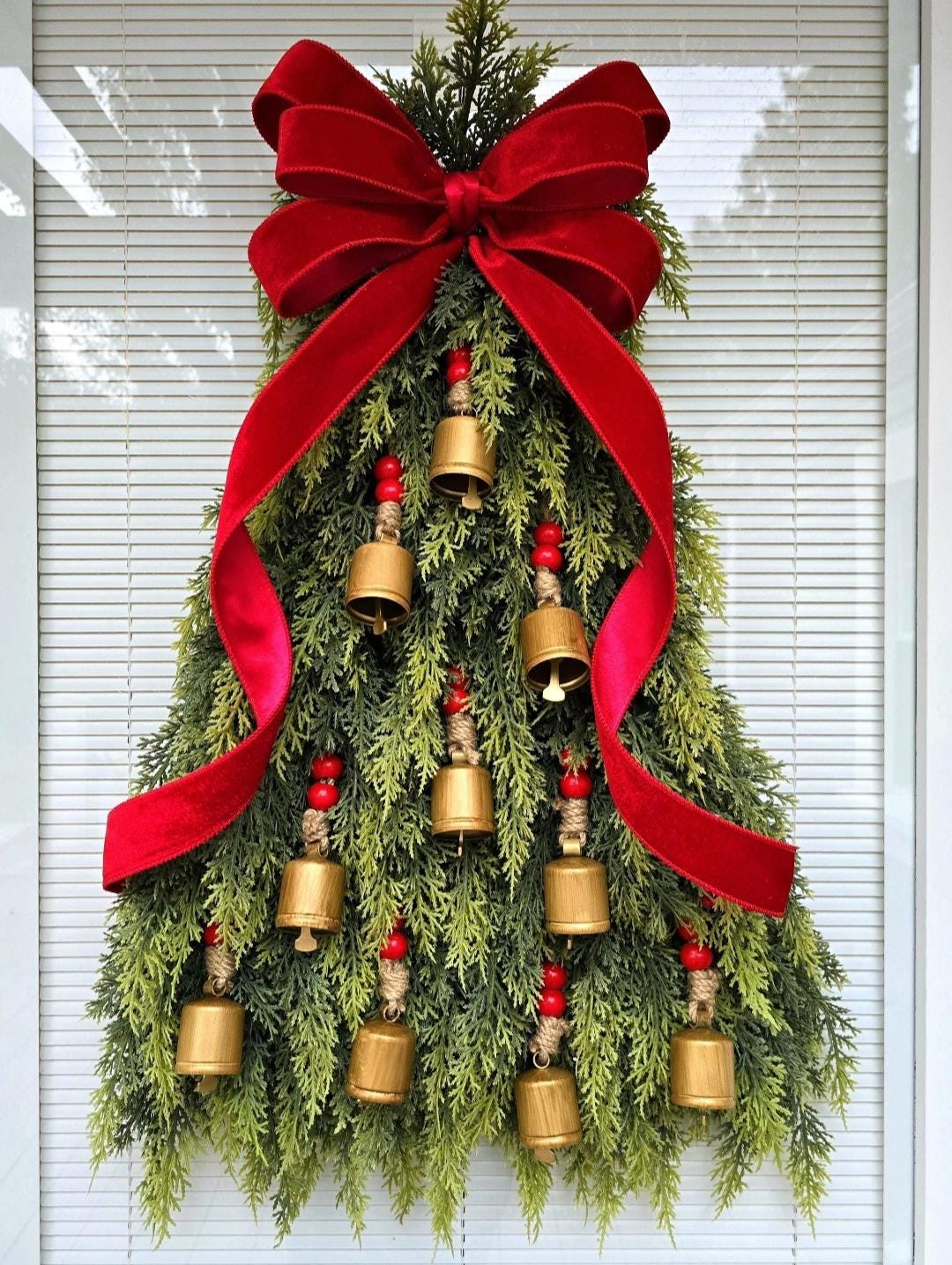 CHRISTMAS TREE WREATH For Front Door Double Door Wreaths Outdoor Winter Decor Large Holiday Cedar Teardrop Swag Gold Bells Xmas Home Gift