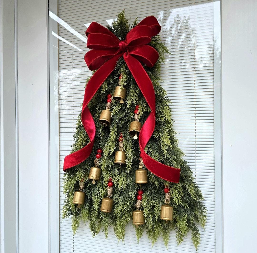 CHRISTMAS TREE WREATH For Front Door Double Door Wreaths Outdoor Winter Decor Large Holiday Cedar Teardrop Swag Gold Bells Xmas Home Gift
