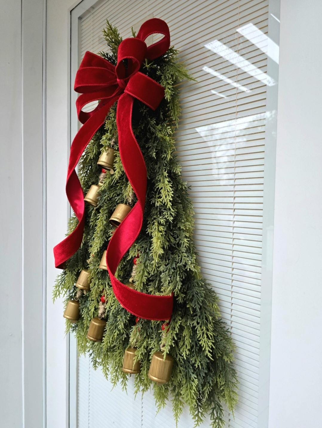 CHRISTMAS TREE WREATH For Front Door Double Door Wreaths Outdoor Winter Decor Large Holiday Cedar Teardrop Swag Gold Bells Xmas Home Gift
