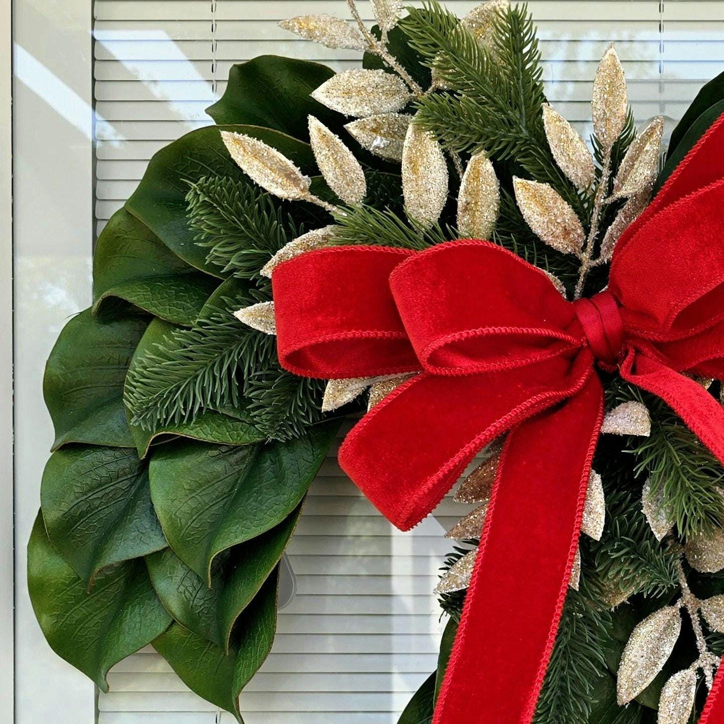 Candy Cane Wreath, Christmas Wreaths For Front Door, Holiday Double Door Decor, Candycane Shaped With Magnolia Leaves, Home Gifts