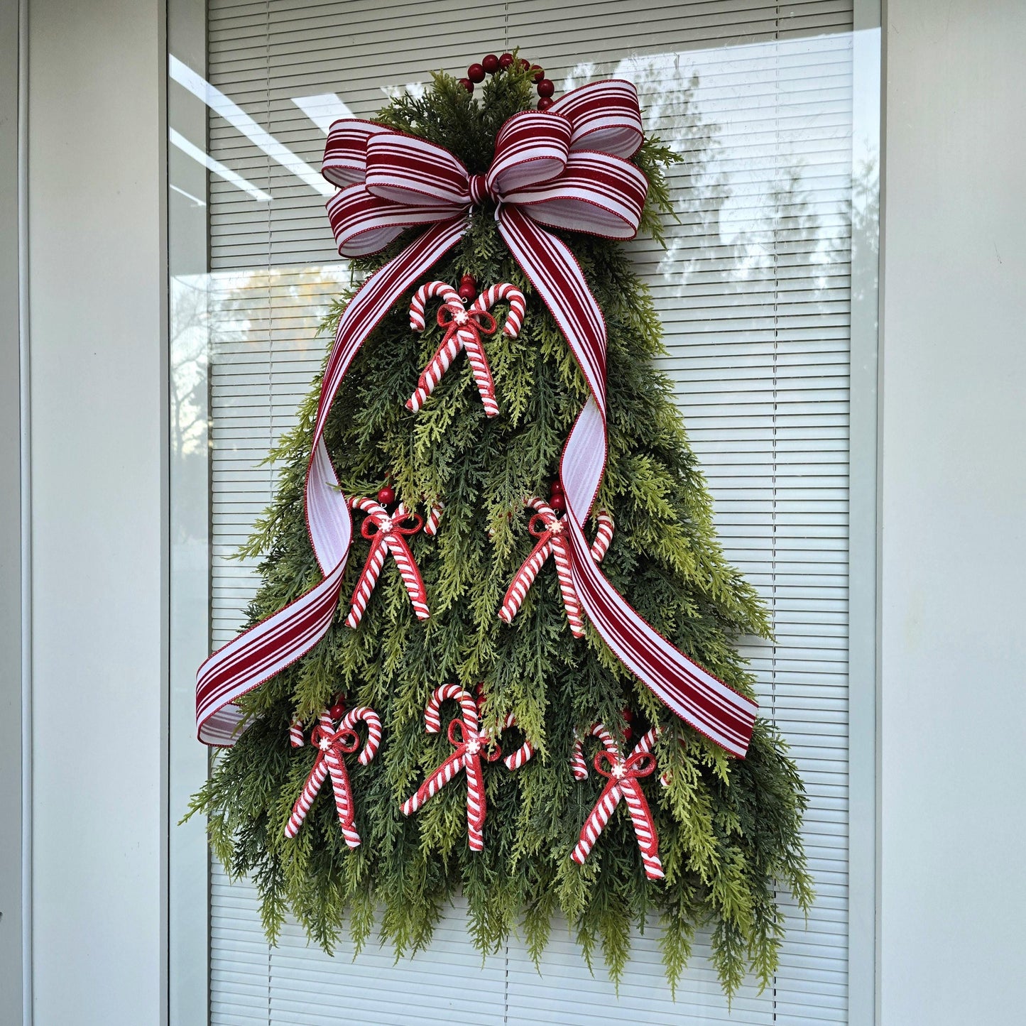 Christmas Wreath For Front Door, Double Door Decor, Outdoor Large Holiday Candy Cane Decoration, Xmas Tree Swag With Red & White Candycanes