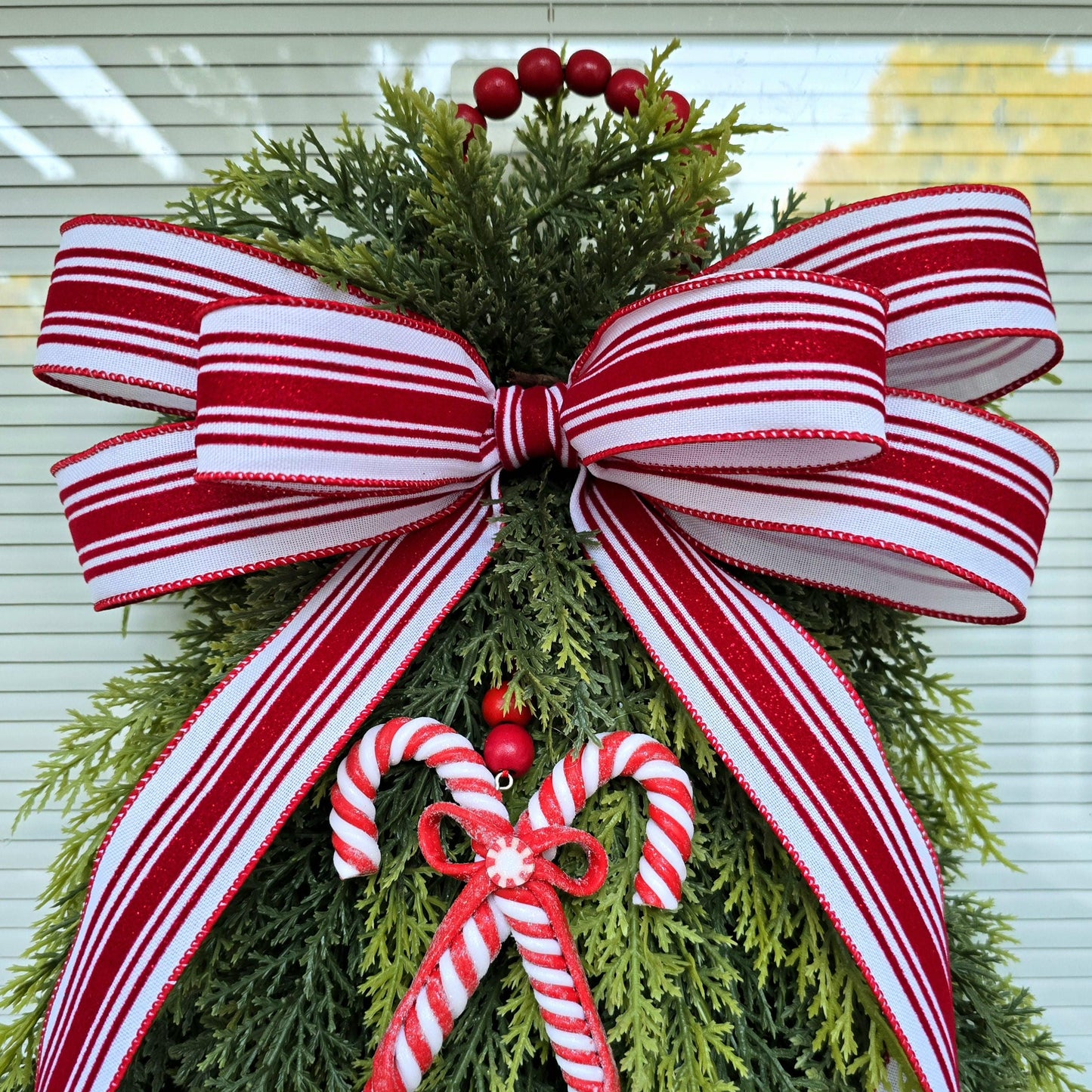 Christmas Wreath For Front Door, Double Door Decor, Outdoor Large Holiday Candy Cane Decoration, Xmas Tree Swag With Red & White Candycanes
