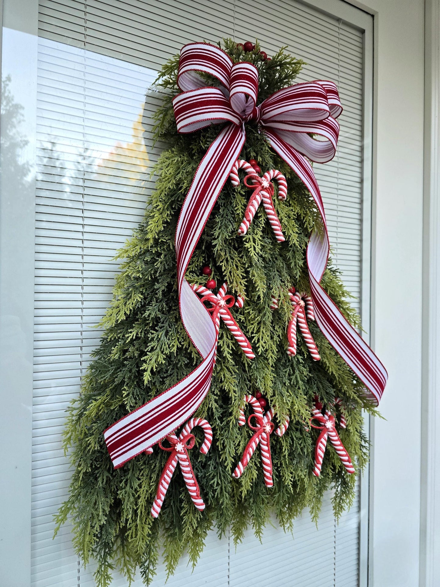 Christmas Wreath For Front Door, Double Door Decor, Outdoor Large Holiday Candy Cane Decoration, Xmas Tree Swag With Red & White Candycanes