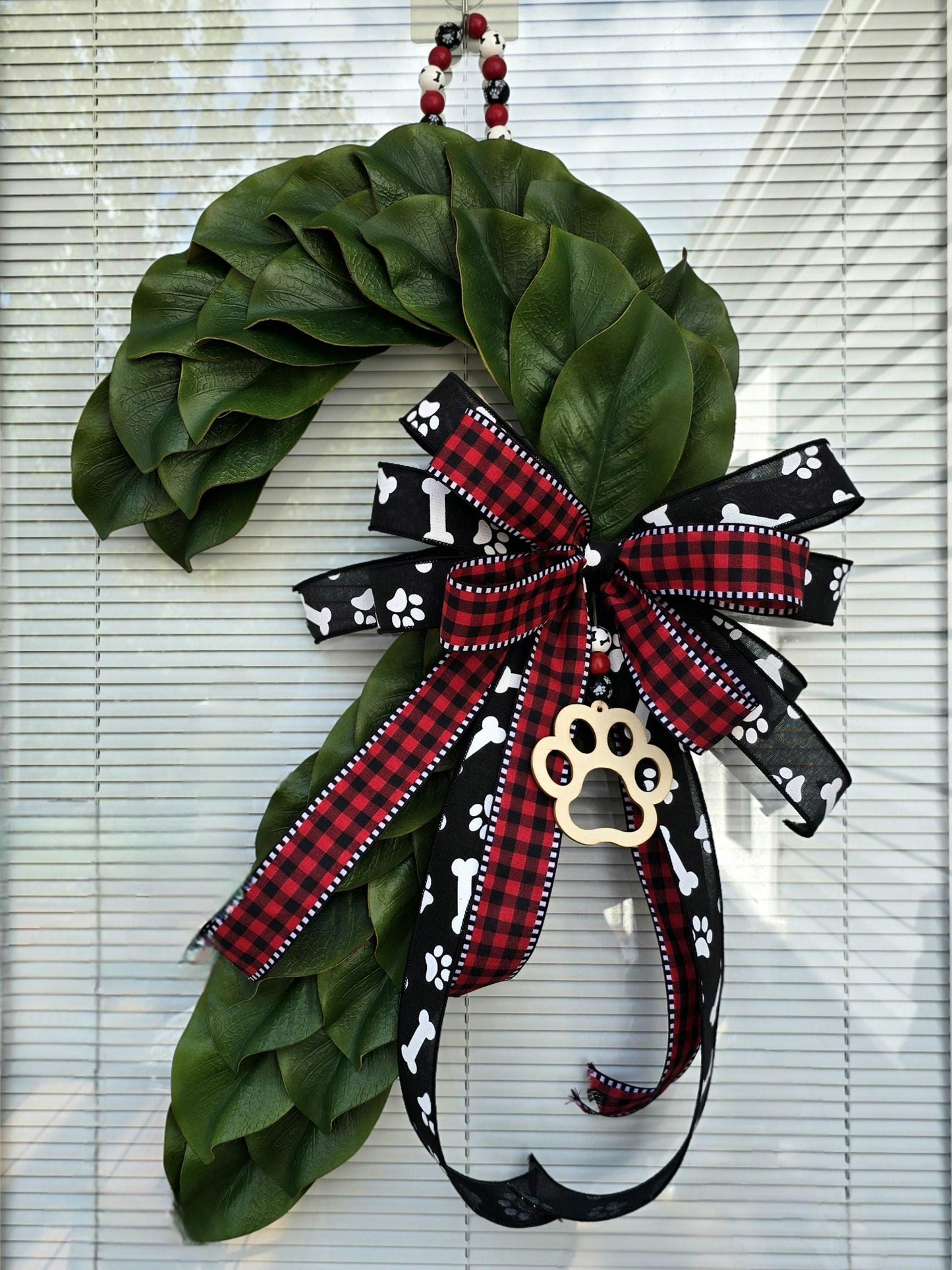 Dog Lover Christmas Candy Cane Wreath for Front Door, Unique Double Door Xmas Decor, Holiday Paw Print Wall Decoration, Pet Home Gift