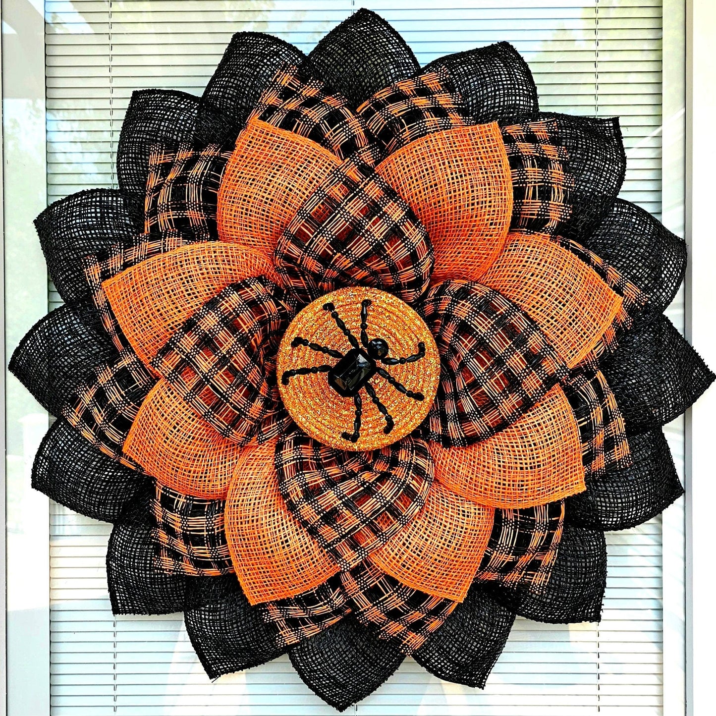 Halloween Sunflower Spider Wreath For Front Door, Double Door, Outdoor Spooky Decoration, Fall Porch Decor, Orange Black Flower, Home Gift