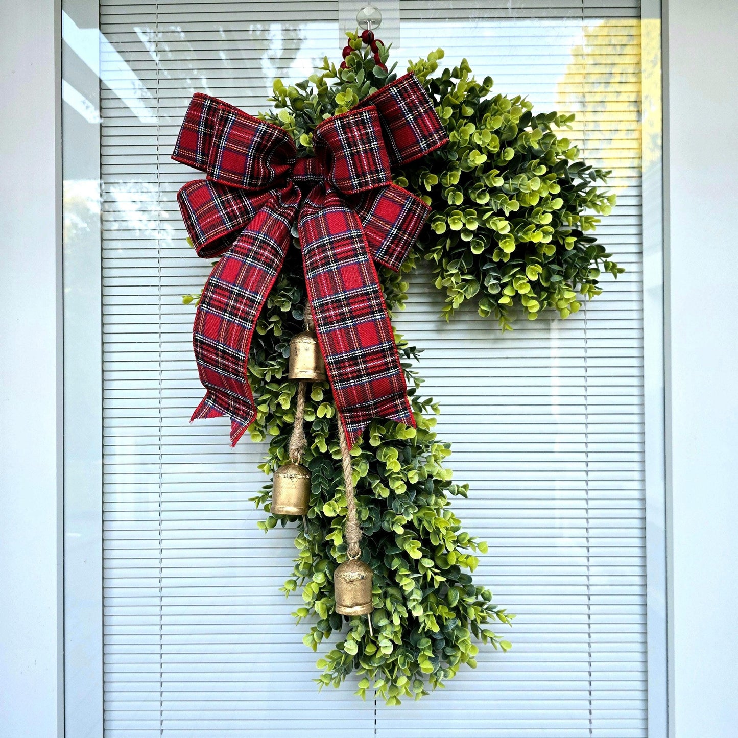 Candy Cane Wreath, Christmas Wreaths For Front Door, Holiday Double Door Decor, Candycane Shaped Hanger With Bells, Festive Xmas Home Gifts
