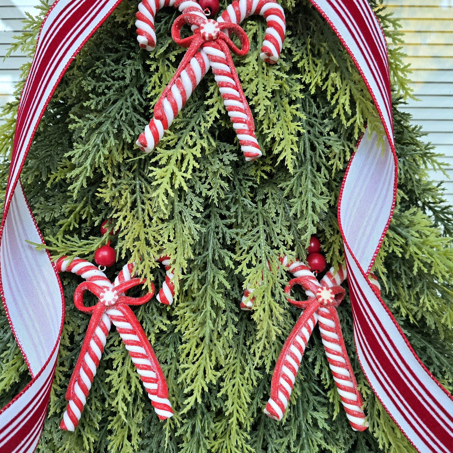 Christmas Wreath For Front Door, Double Door Decor, Outdoor Large Holiday Candy Cane Decoration, Xmas Tree Swag With Red & White Candycanes