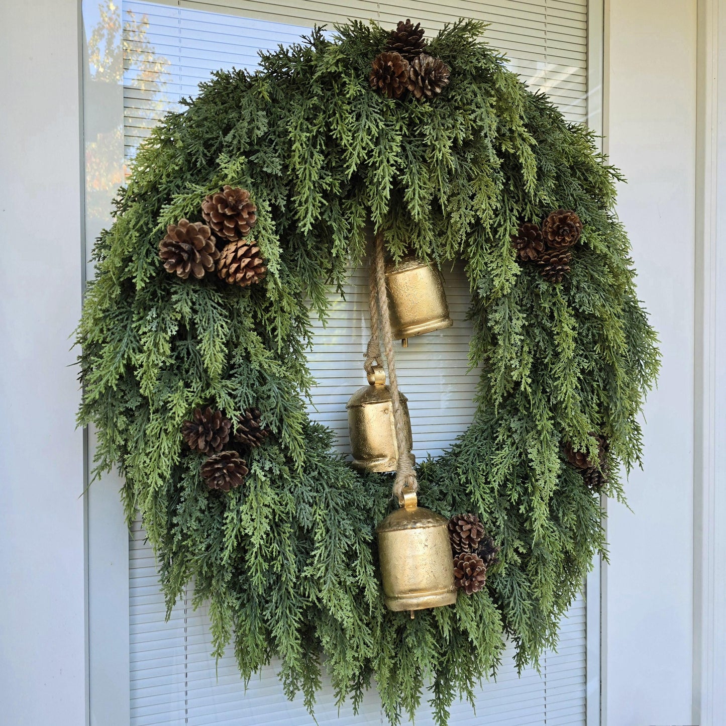 Christmas Wreaths for Front Door With Real Touch Cedar Pinecone & Bells, Winter Holiday Decor, Natural Rustic Outdoor Wreath, XL Home Gifts