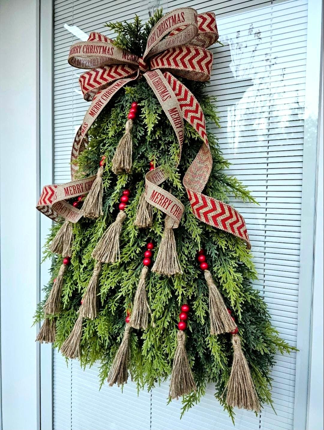 MERRY CHRISTMAS WREATH For Front Door Double Door Outdoor Holiday Decor Unique Xmas Tree Swag Winter Teardrop Artificial Cedar Home Gift