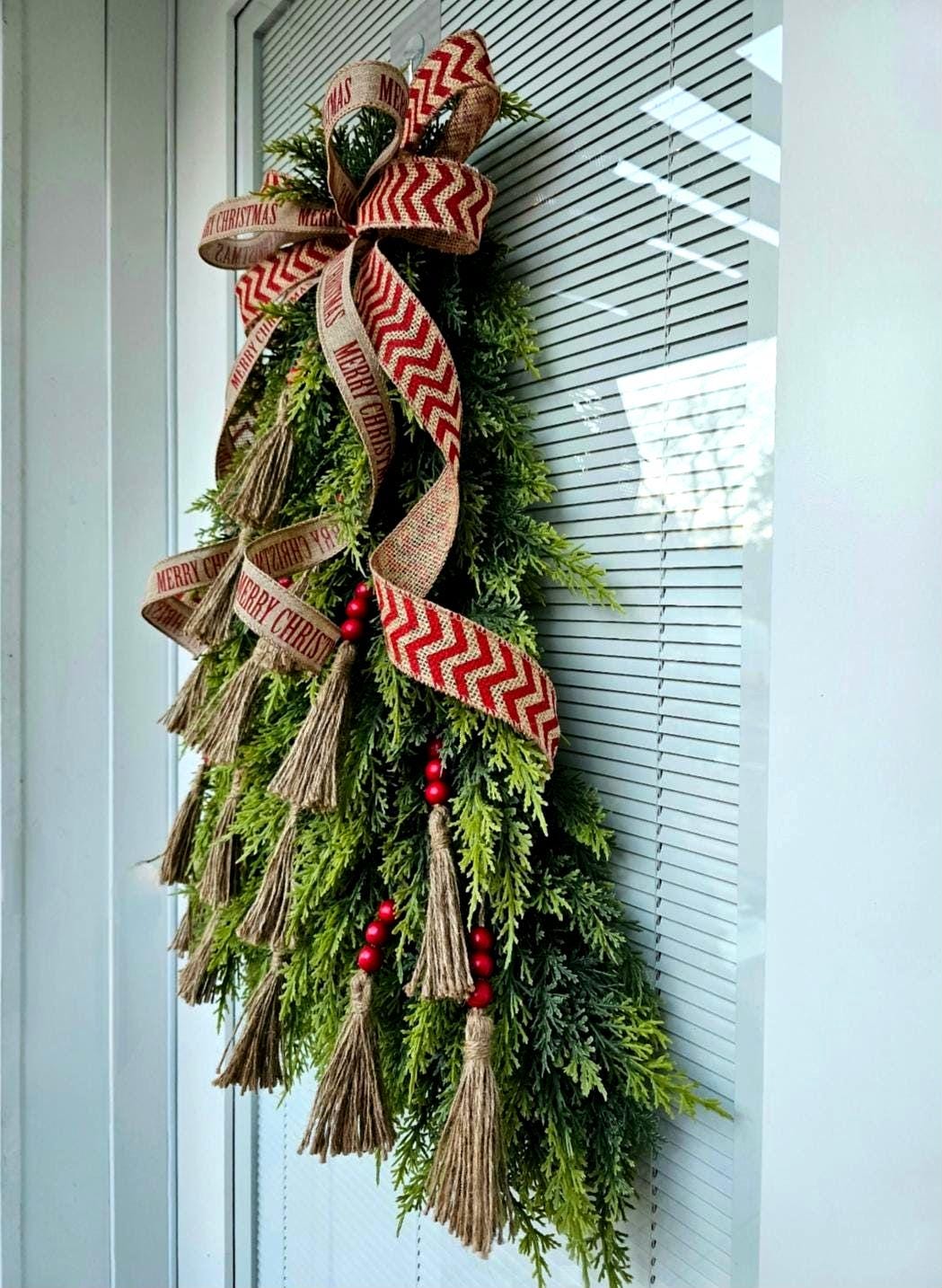 MERRY CHRISTMAS WREATH For Front Door Double Door Outdoor Holiday Decor Unique Xmas Tree Swag Winter Teardrop Artificial Cedar Home Gift