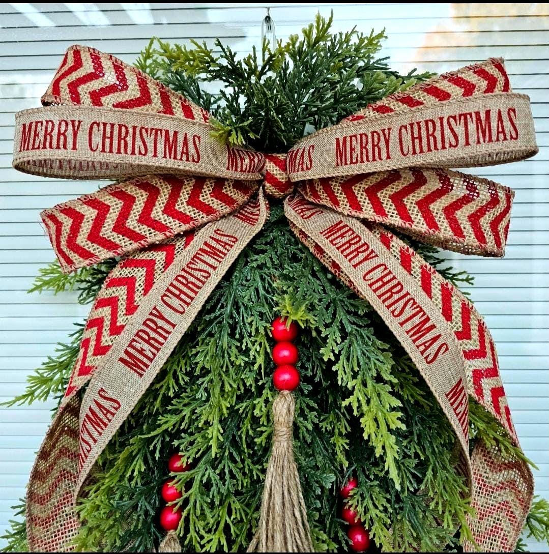 MERRY CHRISTMAS WREATH For Front Door Double Door Outdoor Holiday Decor Unique Xmas Tree Swag Winter Teardrop Artificial Cedar Home Gift