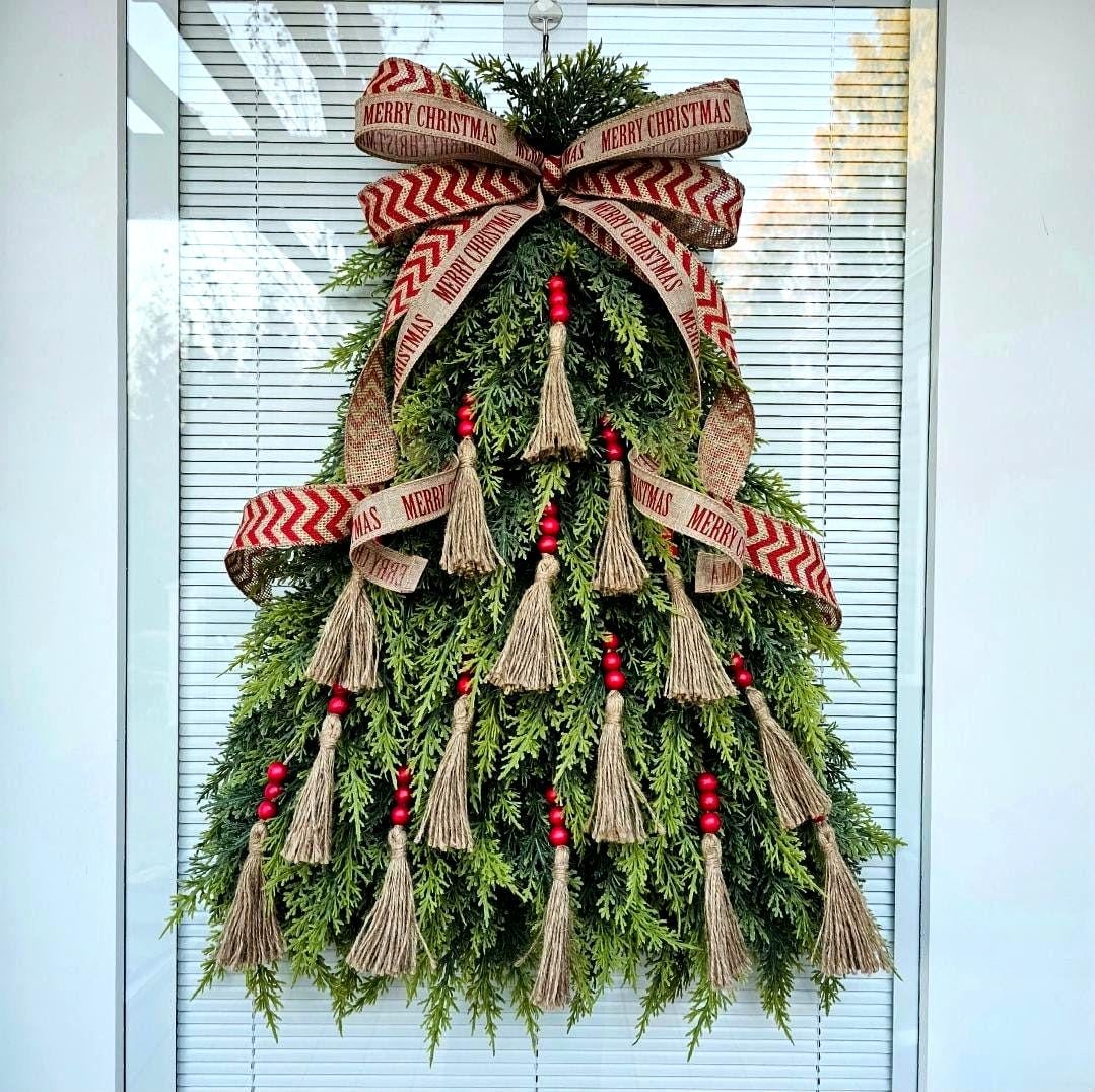 Christmas Wreath For Front Door Outdoor Holiday Decor Xmas Teardrop Swag Double Door Wreaths