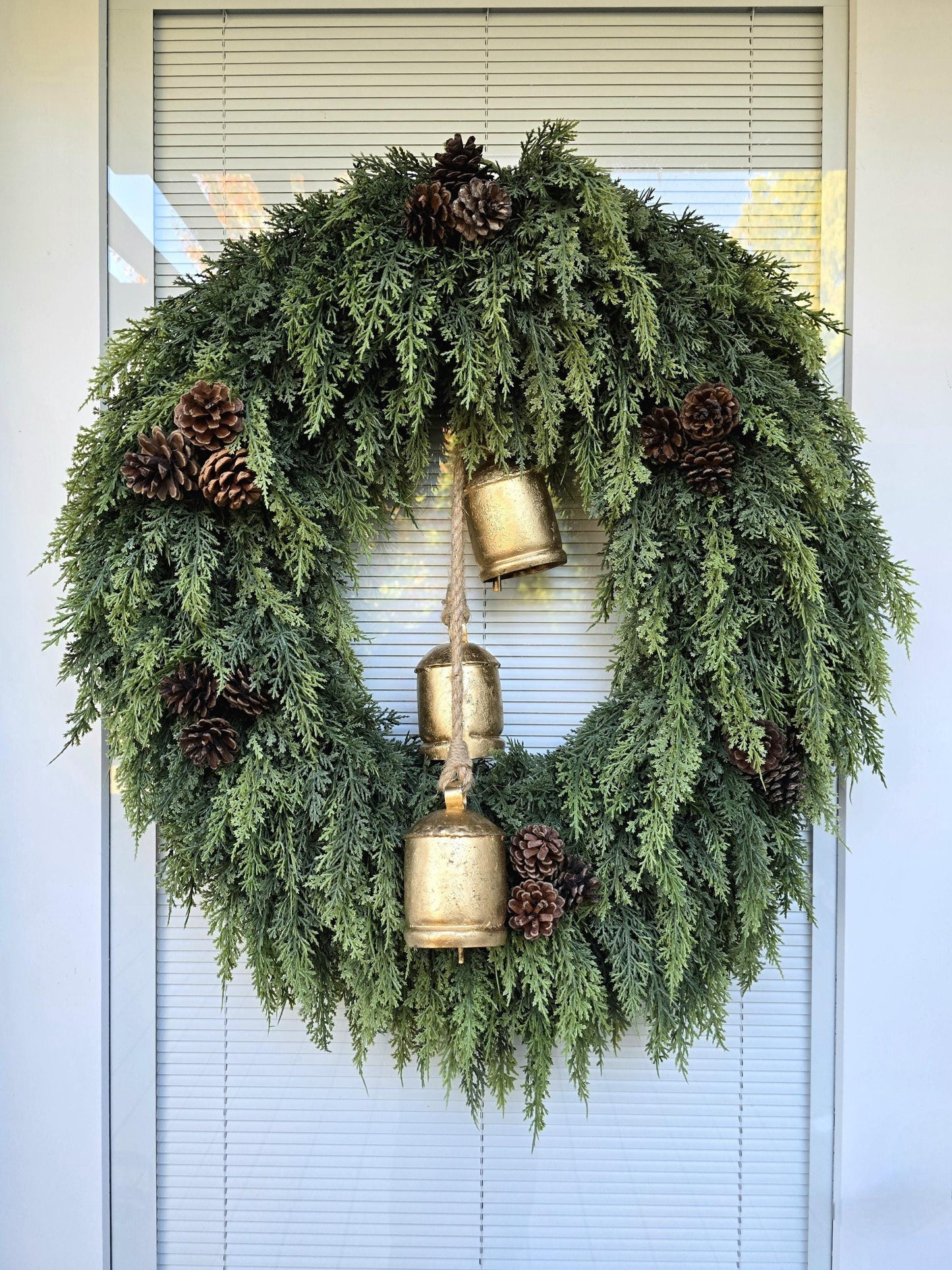 Christmas Wreaths for Front Door With Real Touch Cedar Pinecone & Bells, Winter Holiday Decor, Natural Rustic Outdoor Wreath, XL Home Gifts