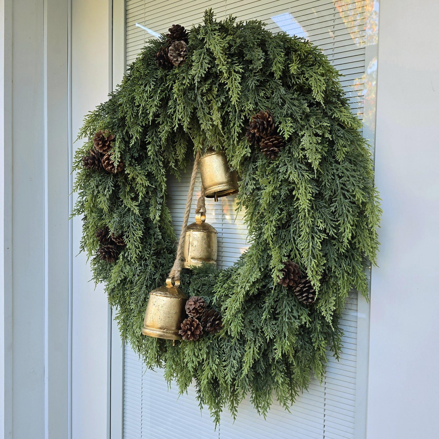 Christmas Wreaths for Front Door With Real Touch Cedar Pinecone & Bells, Winter Holiday Decor, Natural Rustic Outdoor Wreath, XL Home Gifts