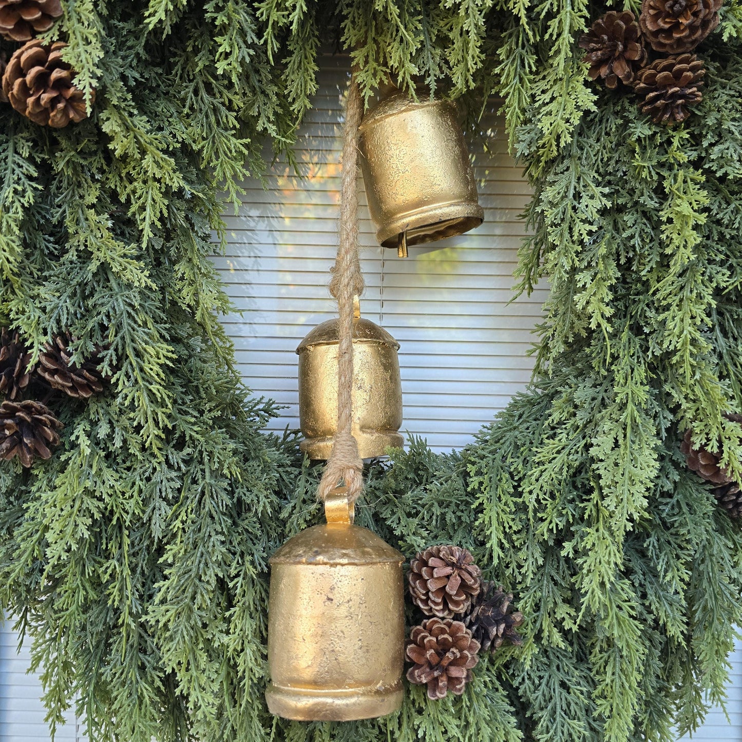 Christmas Wreaths for Front Door With Real Touch Cedar Pinecone & Bells, Winter Holiday Decor, Natural Rustic Outdoor Wreath, XL Home Gifts