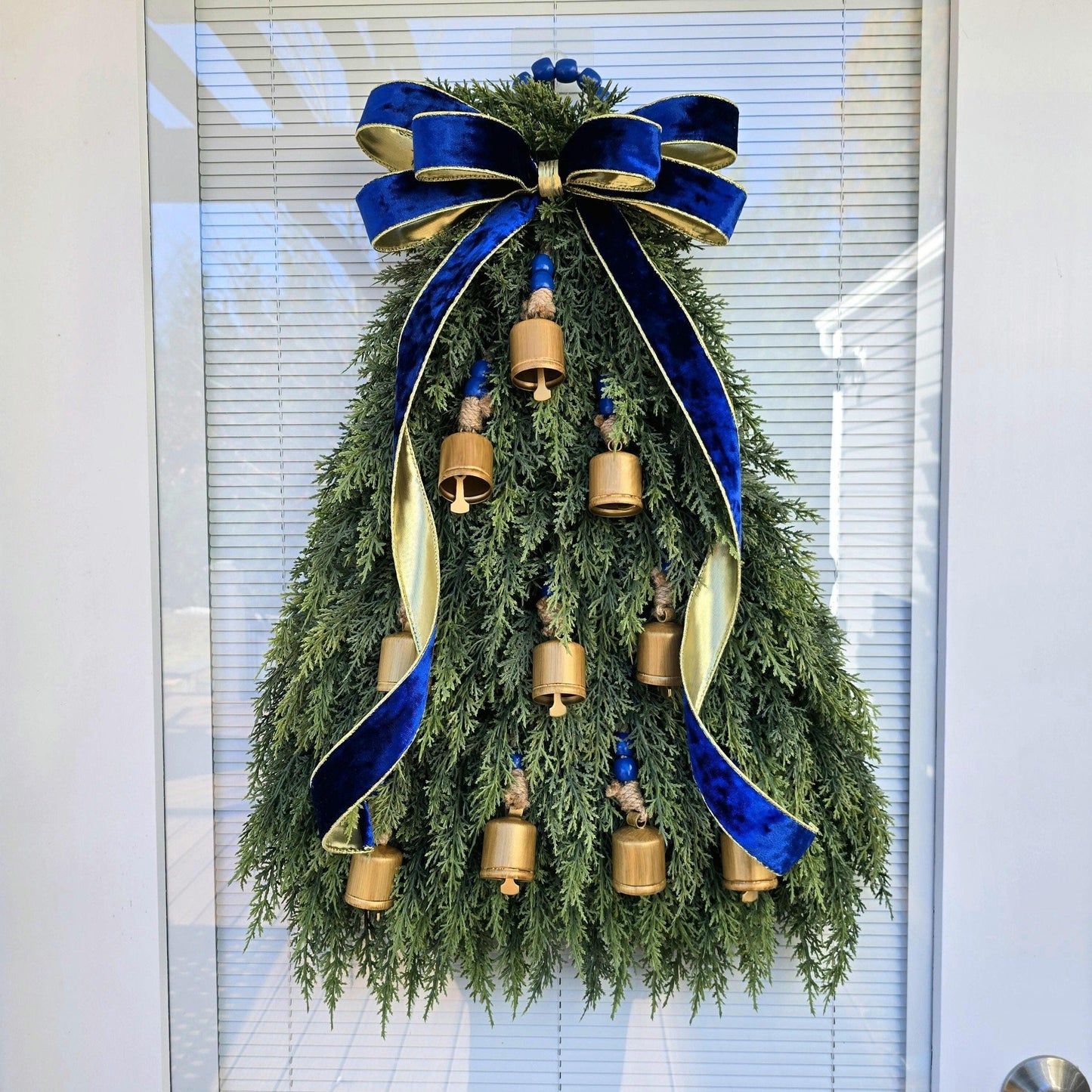 CHRISTMAS WREATH For Front Door Double Door Wreaths Outdoor Holiday Home Decor Blue Gold Bells Xmas Tree Teardrop Swag Housewarming Gift