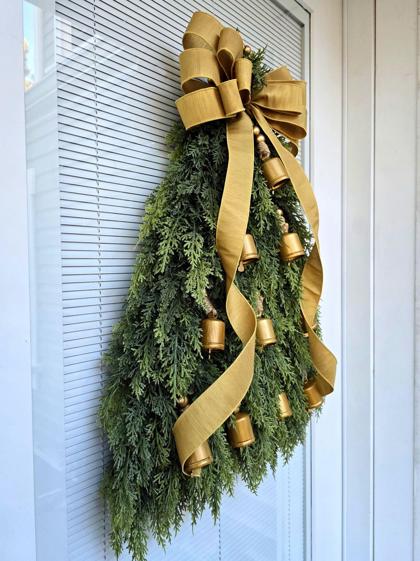 Christmas Tree Wreath For Front Door, Double Door, Winter Home Decor, Xmas Teardrop Holiday Swag & Bells, Gate Fence Decoration, House Gifts