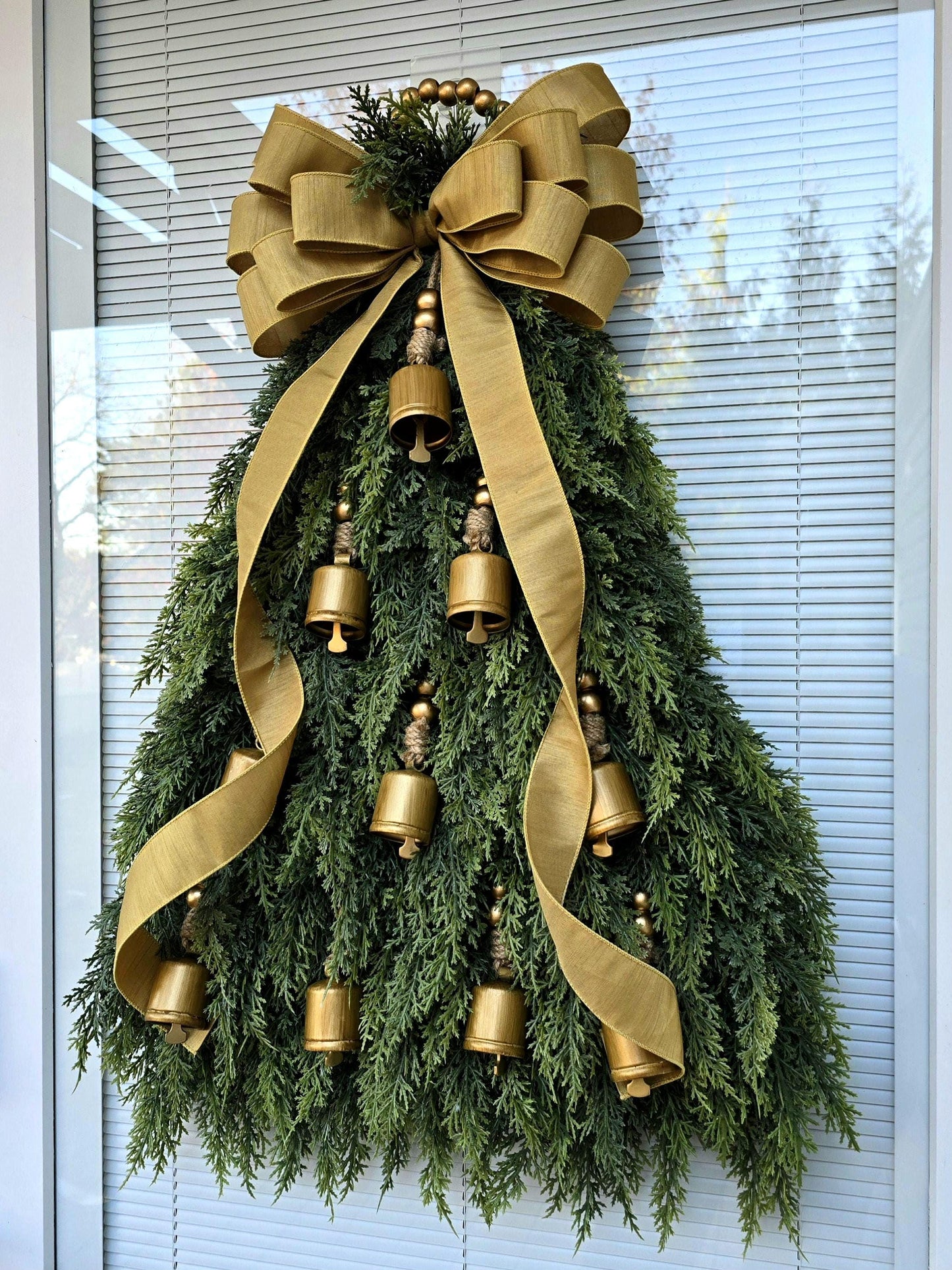 Christmas Tree Wreath For Front Door, Double Door, Winter Home Decor, Xmas Teardrop Holiday Swag & Bells, Gate Fence Decoration, House Gifts