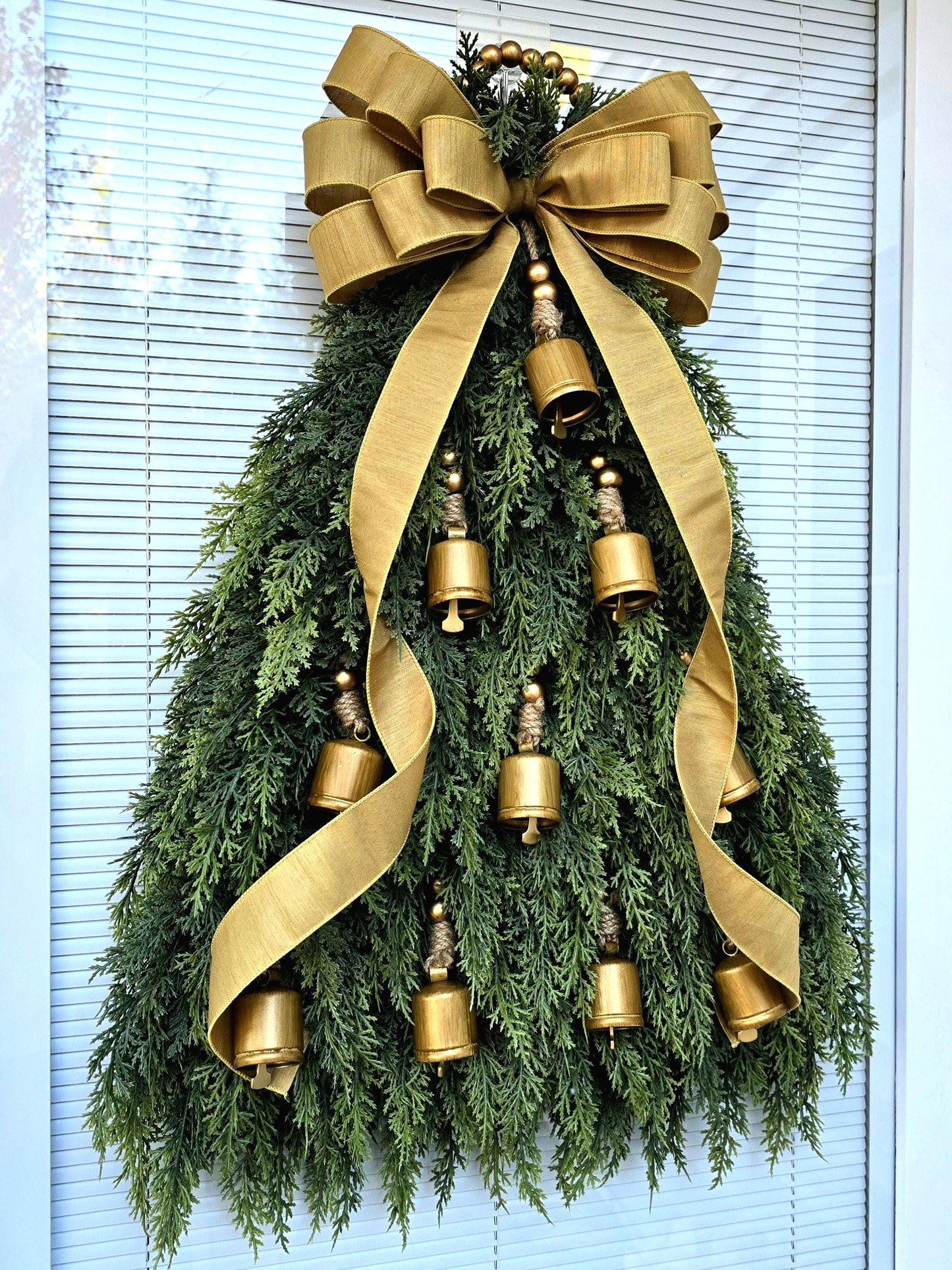 Christmas Tree Wreath For Front Door, Double Door, Winter Home Decor, Xmas Teardrop Holiday Swag & Bells, Gate Fence Decoration, House Gifts