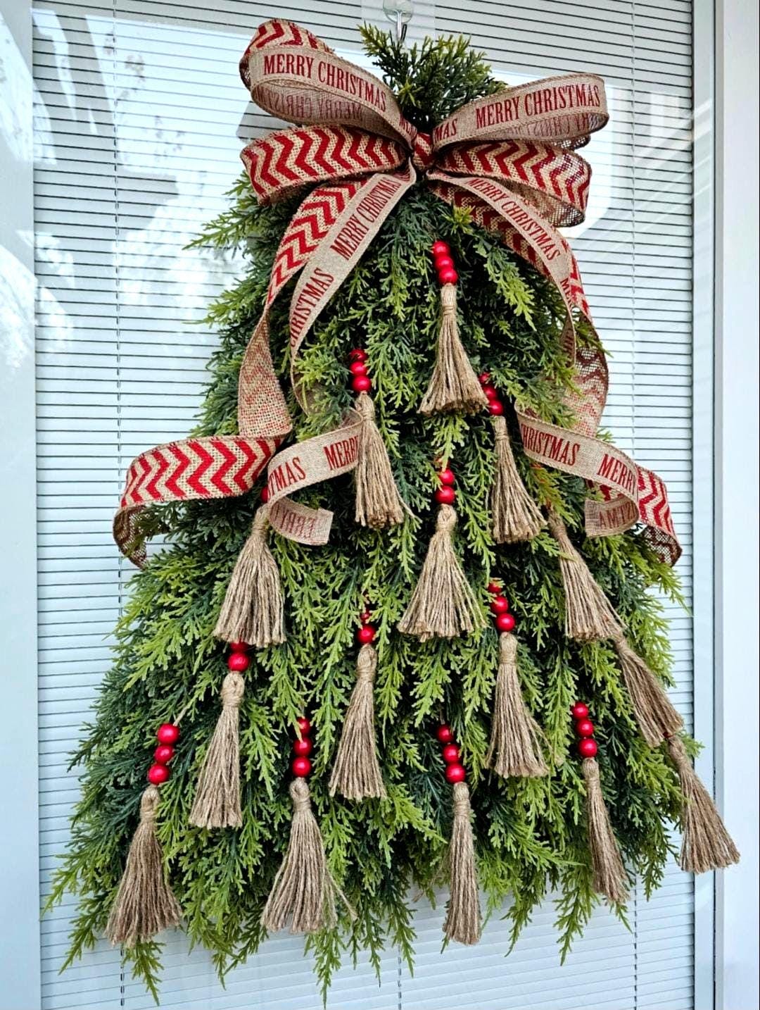 MERRY CHRISTMAS WREATH For Front Door Double Door Outdoor Holiday Decor Unique Xmas Tree Swag Winter Teardrop Artificial Cedar Home Gift