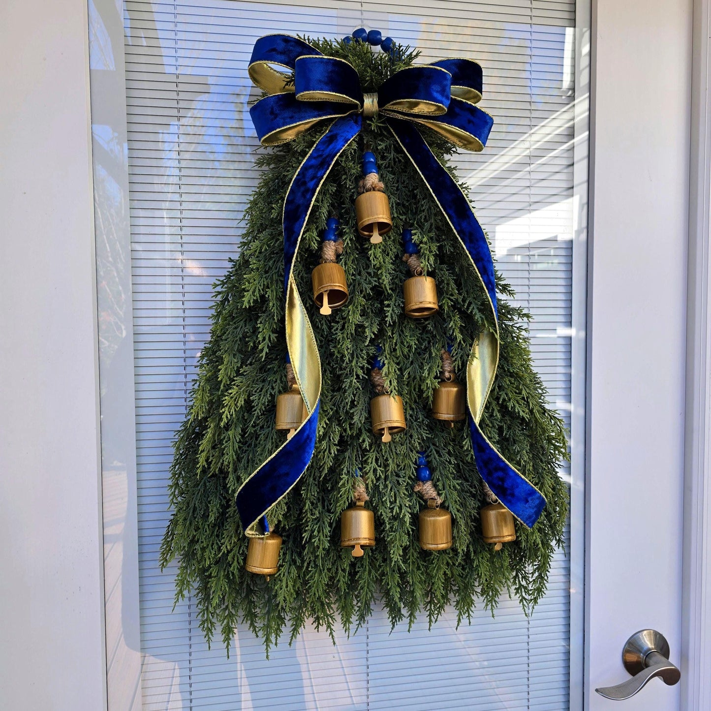 CHRISTMAS WREATH For Front Door Double Door Wreaths Outdoor Holiday Home Decor Blue Gold Bells Xmas Tree Teardrop Swag Housewarming Gift