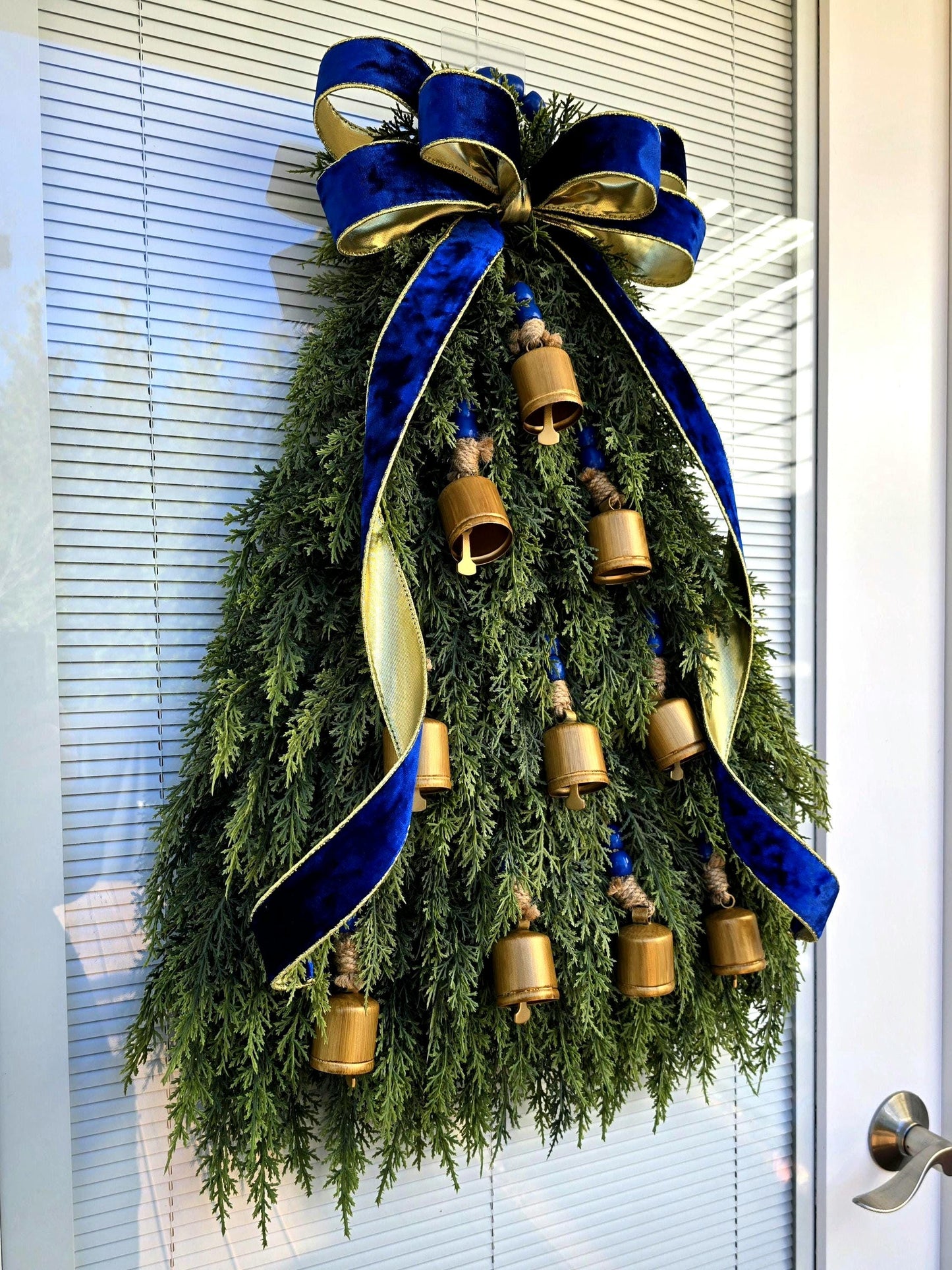 CHRISTMAS WREATH For Front Door Double Door Wreaths Outdoor Holiday Home Decor Blue Gold Bells Xmas Tree Teardrop Swag Housewarming Gift